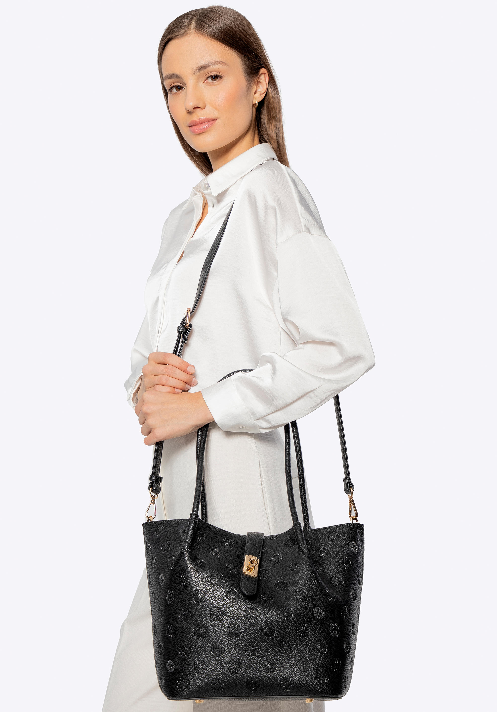 Велика жіноча сумка з екошкіри з тисненням монограми, чорний, 101-4Y-P01-1, Фото 1