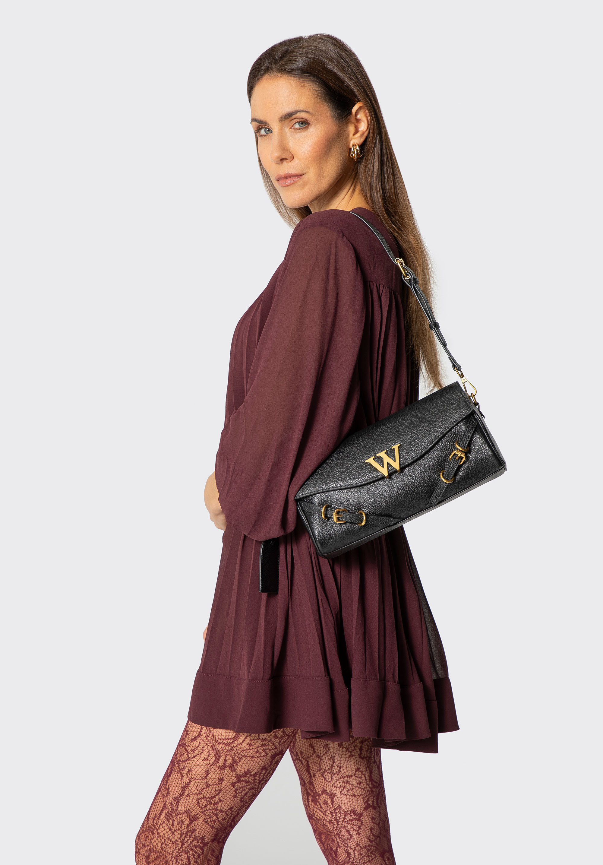 Сумка-багет з натуральної шкіри з декоративними ремінцями, чорний, 101-4E-211-1, Фото 1