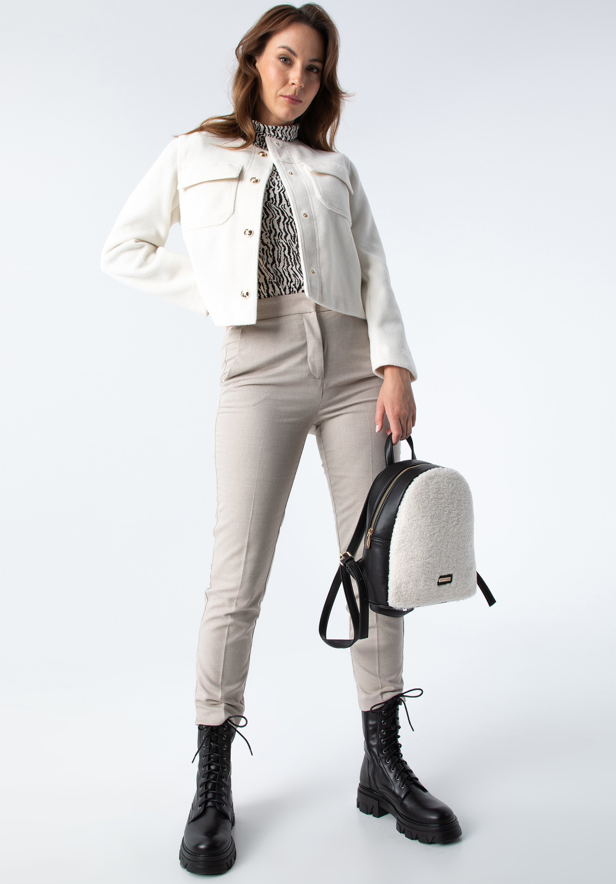 Жіночий рюкзак зі штучним хутром спереду, чорно-кремовий, 97-4Y-504-0, Фото 1