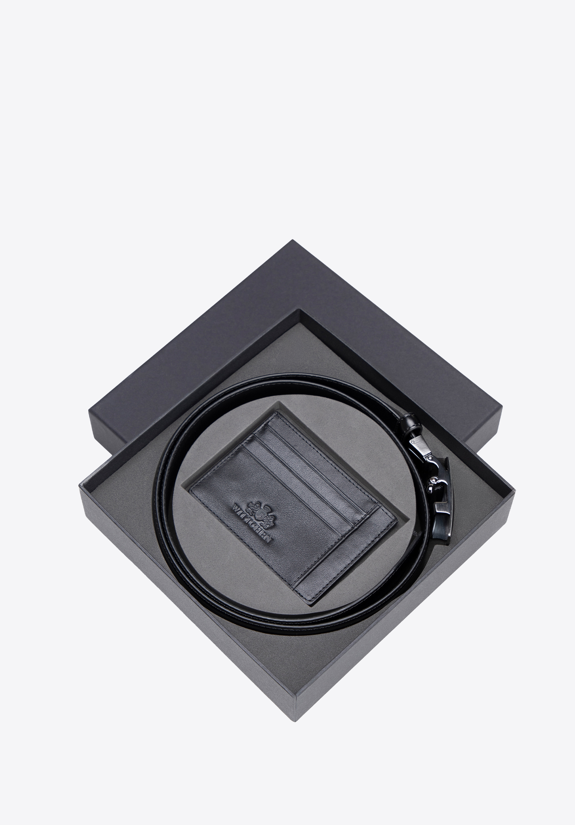 Чоловічий комплект: ремінь та футляр для карток з натуральної шкіри, чорно-срібний, 102-8M-S14-1-11, Фото 1