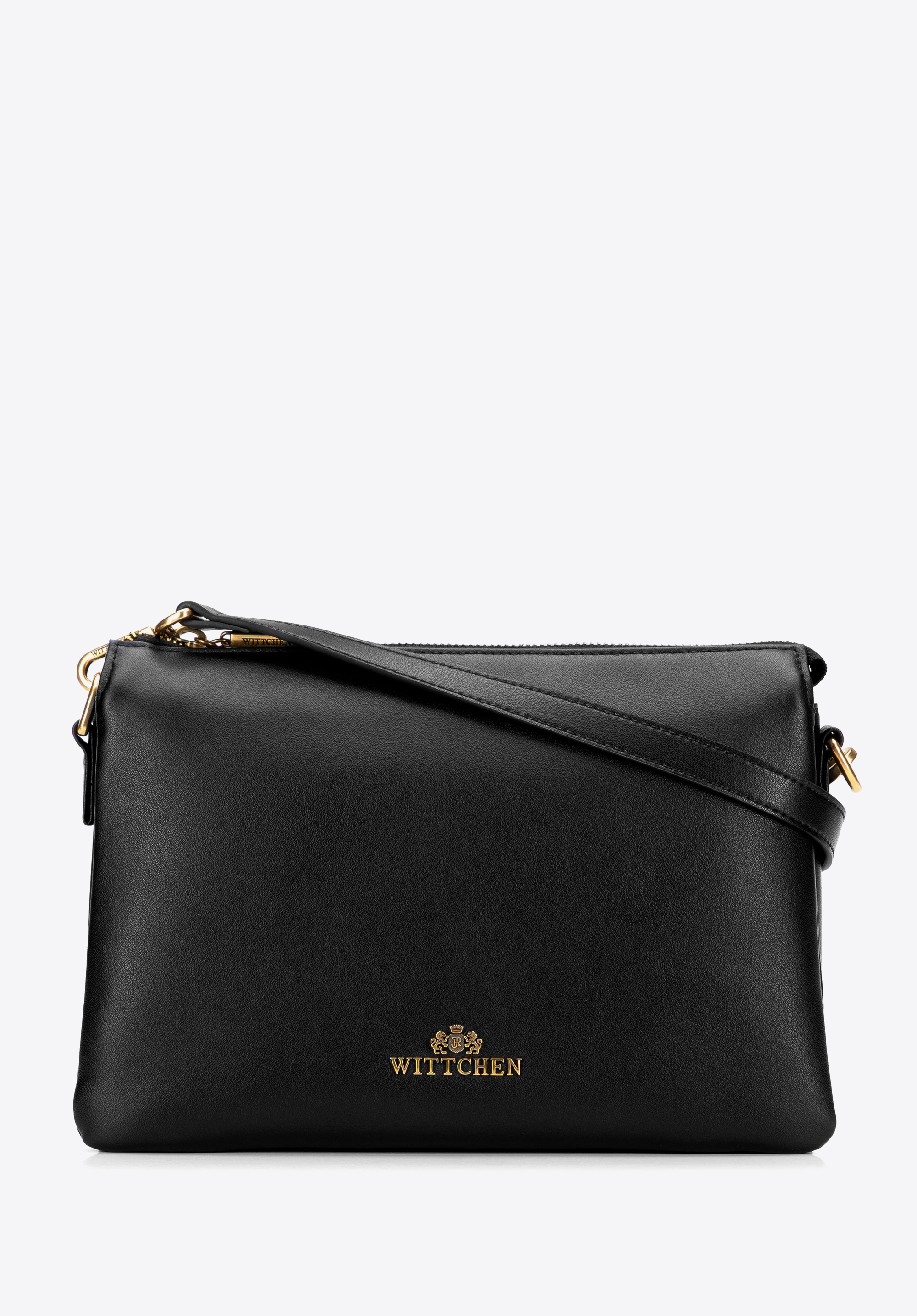 Сумка через плече з гладкої натуральної шкіри з трьома відділеннями, чорно-золотий, 101-4E-604-9, Фото 1