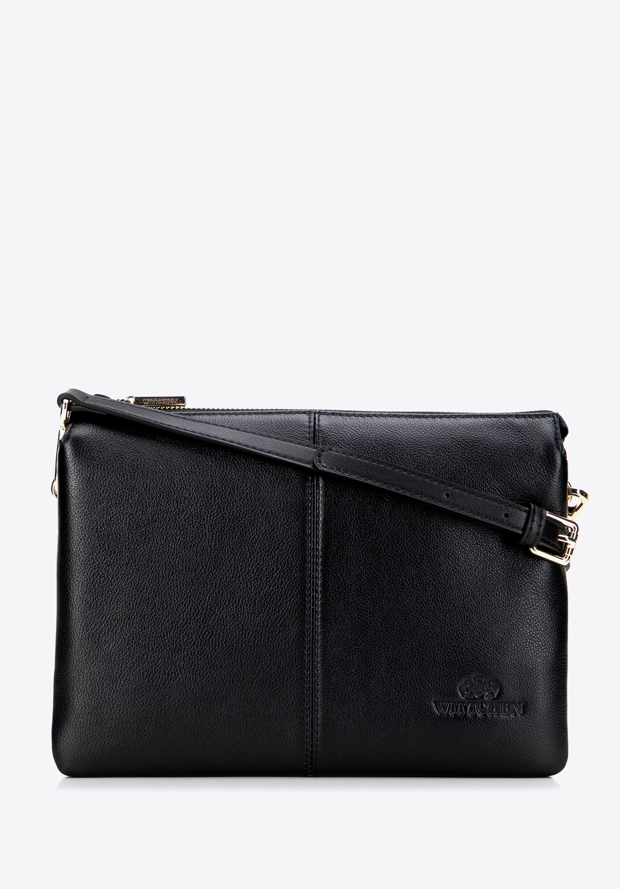 Класична шкіряна сумка через плече з прошиванням посередині, чорно-золотий, 101-4E-608-1G, Фото 1