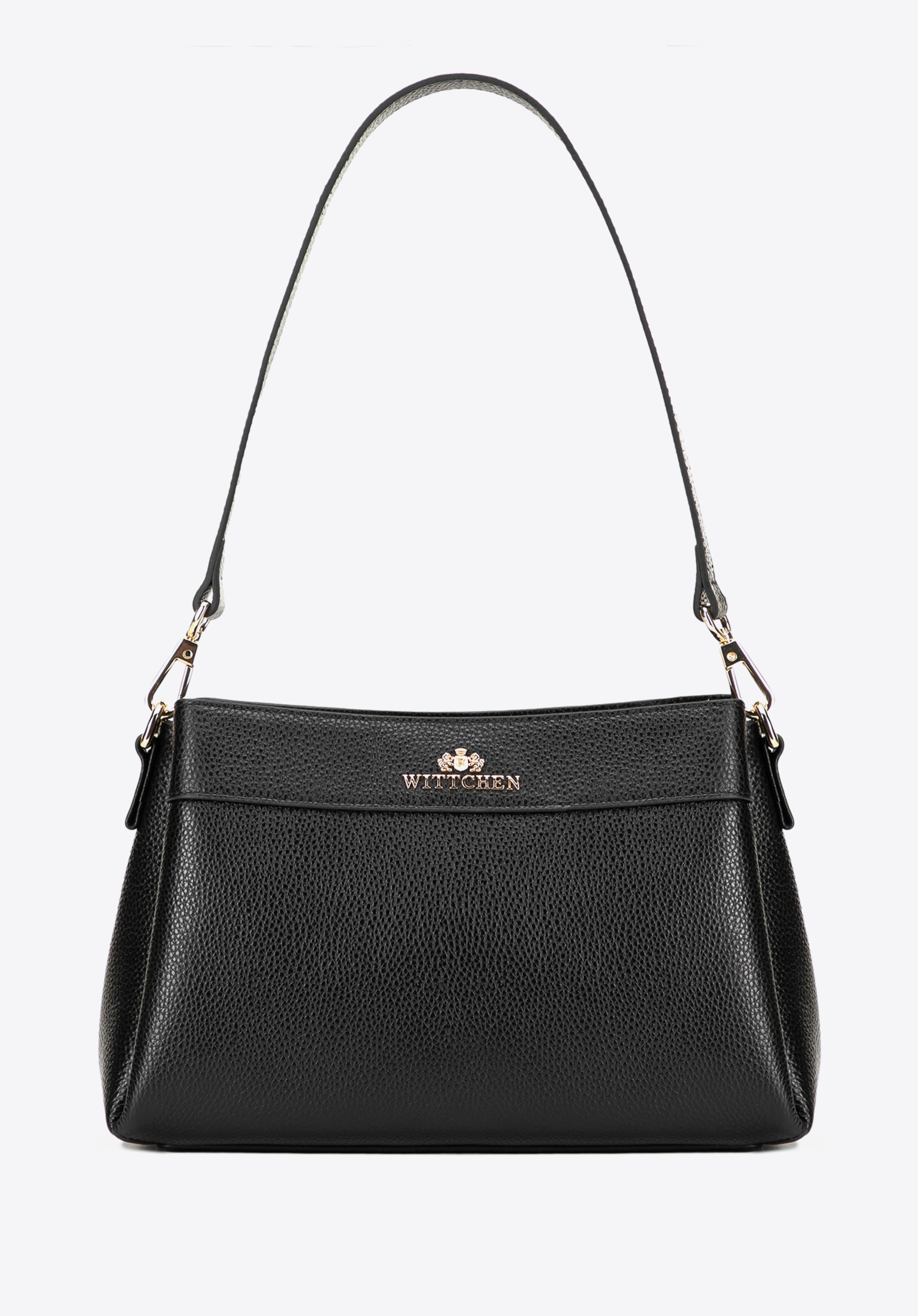 Жіноча трапецієподібна сумка-месенджер з натуральної шкіри, чорно-золотий, 101-4E-622-1G, Фото 1