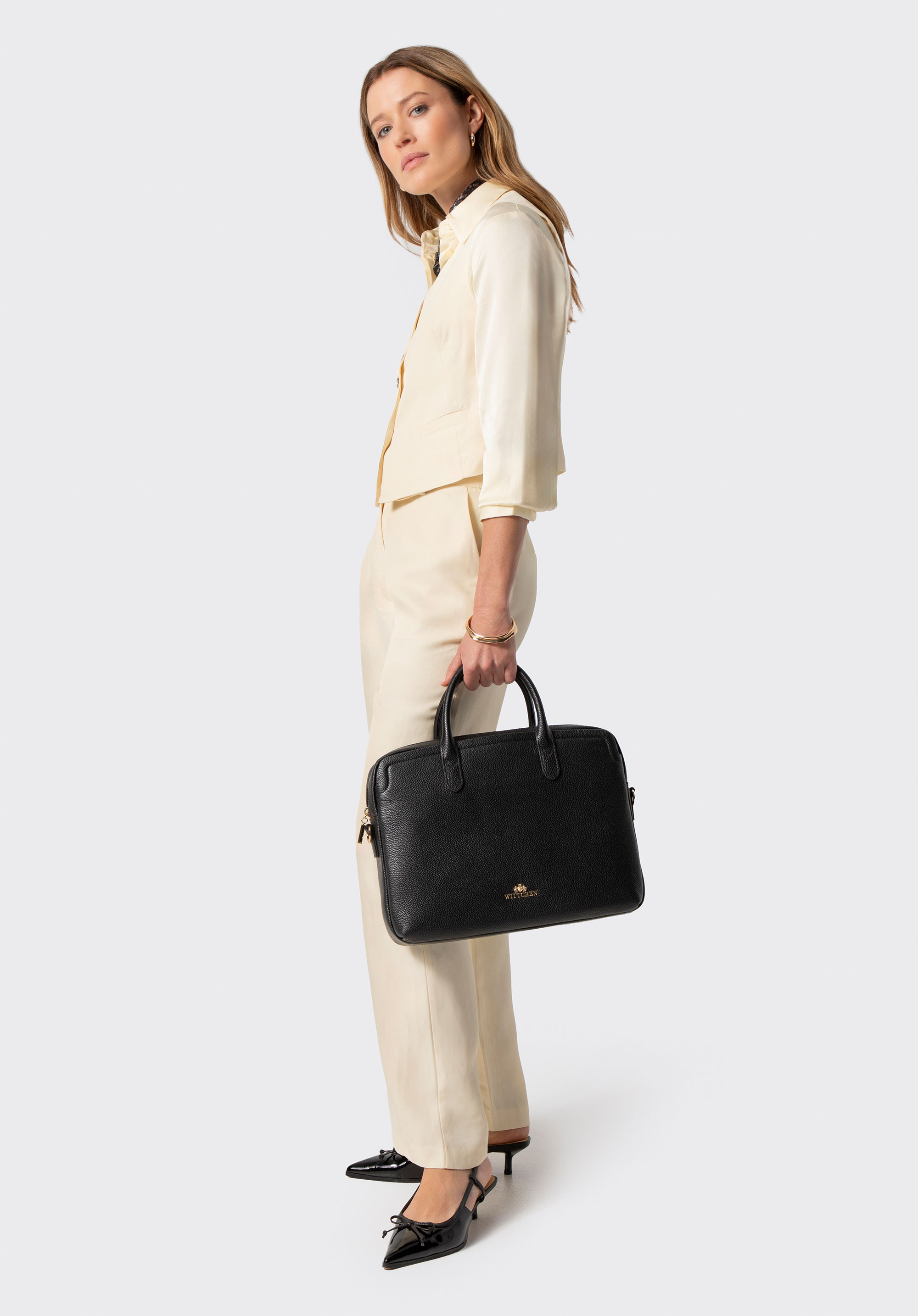 Жіноча сумка для ноутбука з галькової шкіри 15,6 дюймів, чорно-золотий, 102-4E-620-1G, Фото 1