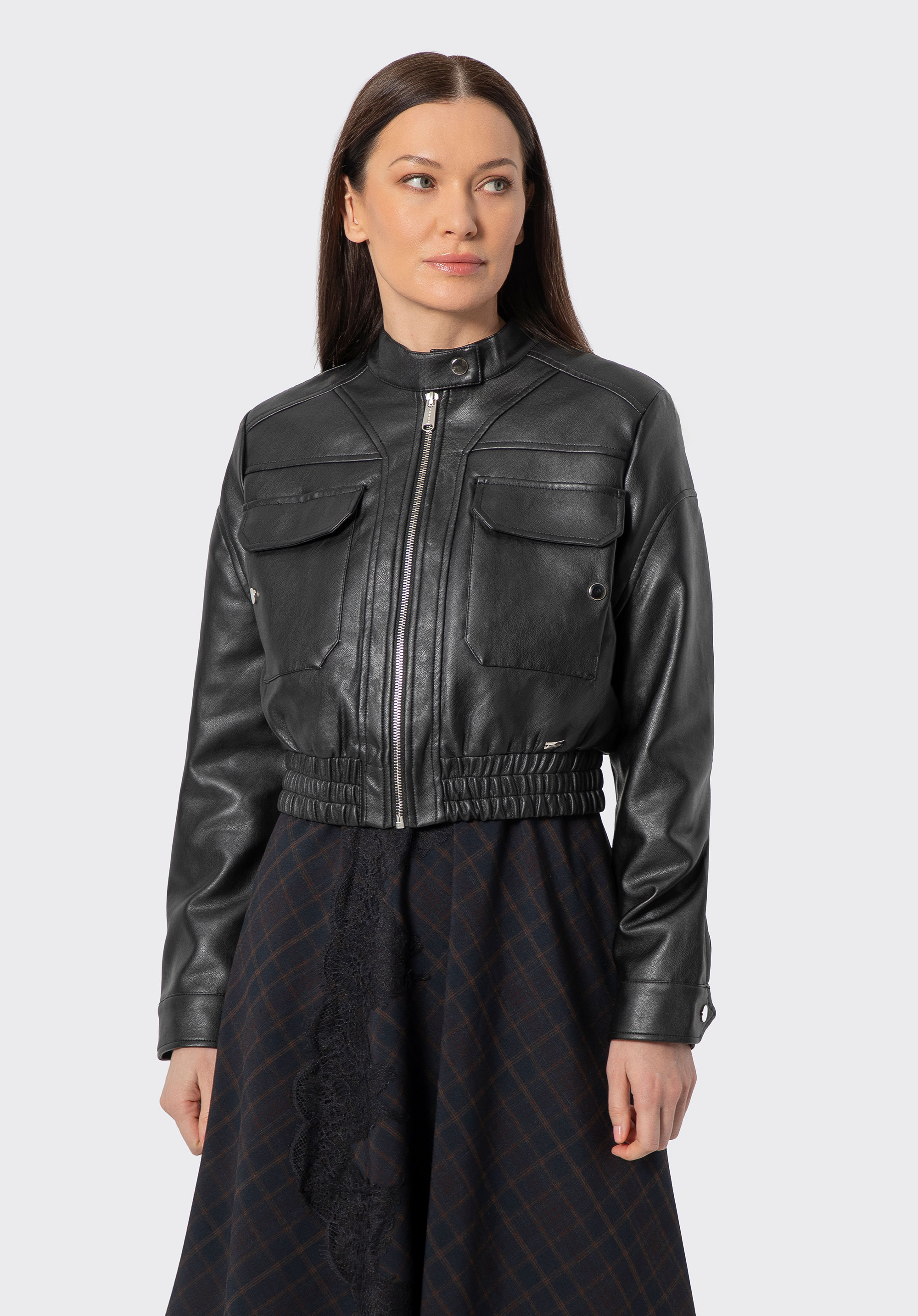 Dámska bunda z umelej kože s elastickým lemom, čierna, 100-9P-106-1-XL, Obrázok 1