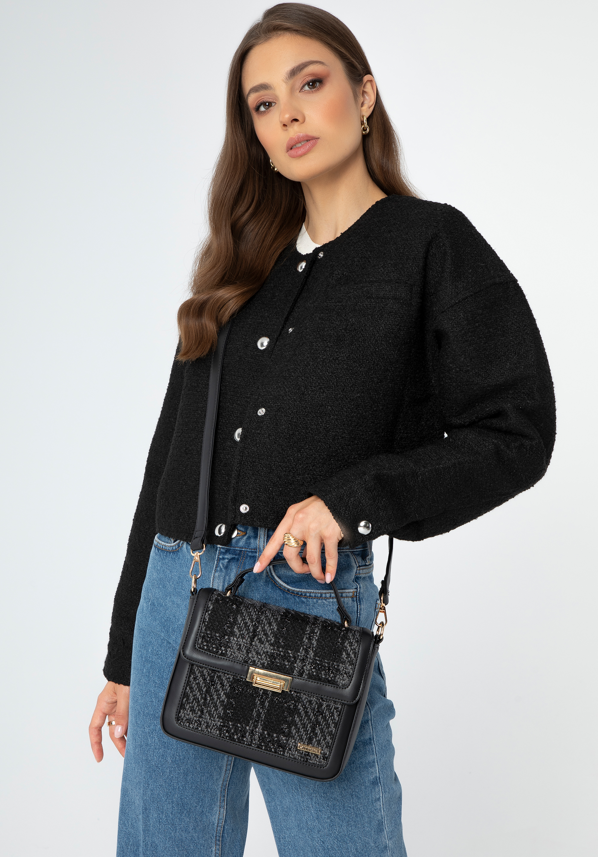 Dámska crossbody kabelka z čiernej látky bouclé, čierna, 99-4Y-409-1, Obrázok 1