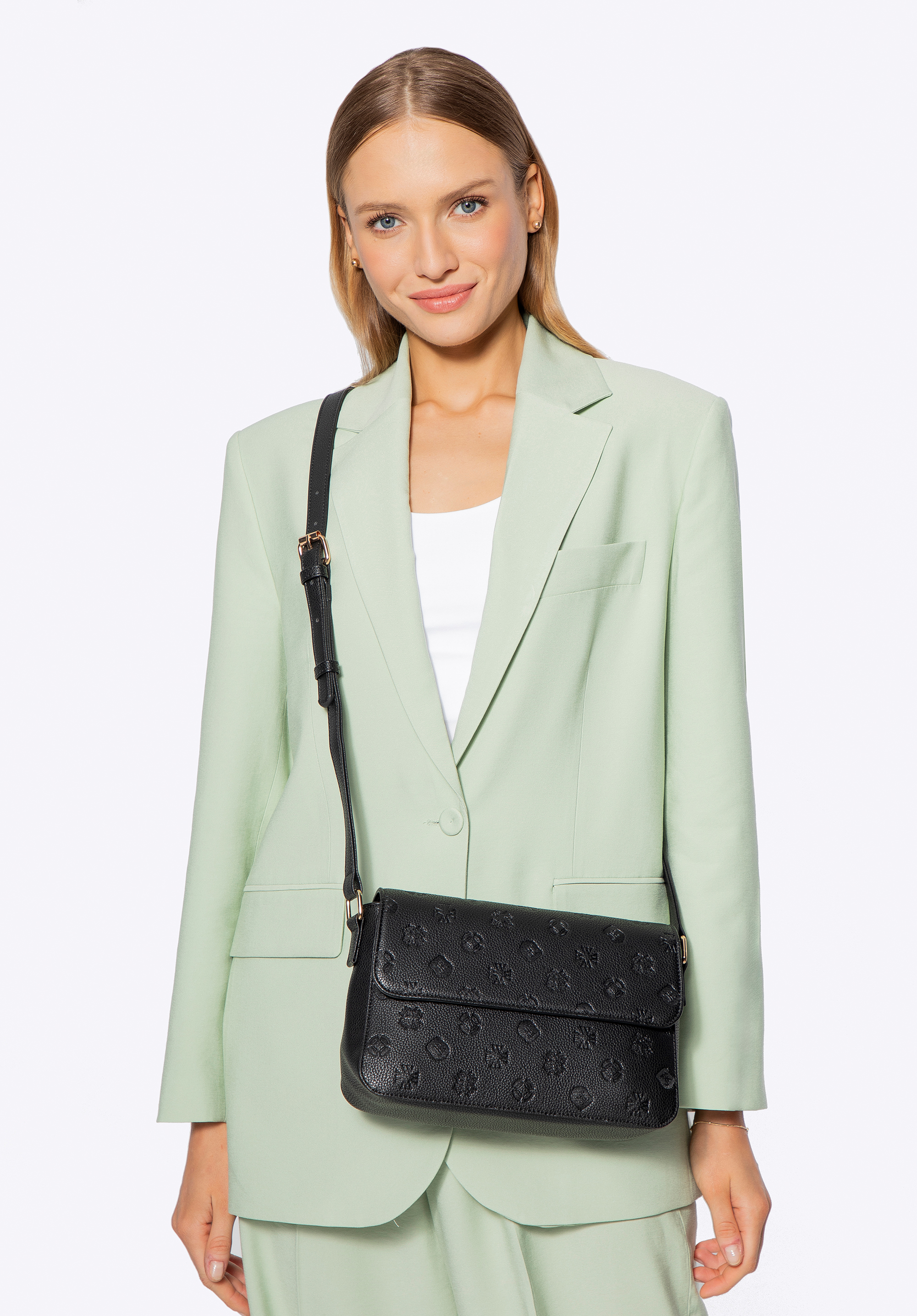 Dámska crossbody kabelka z umelej kože s reliéfnym podpisom, čierna, 101-4Y-P06-1, Obrázok 1