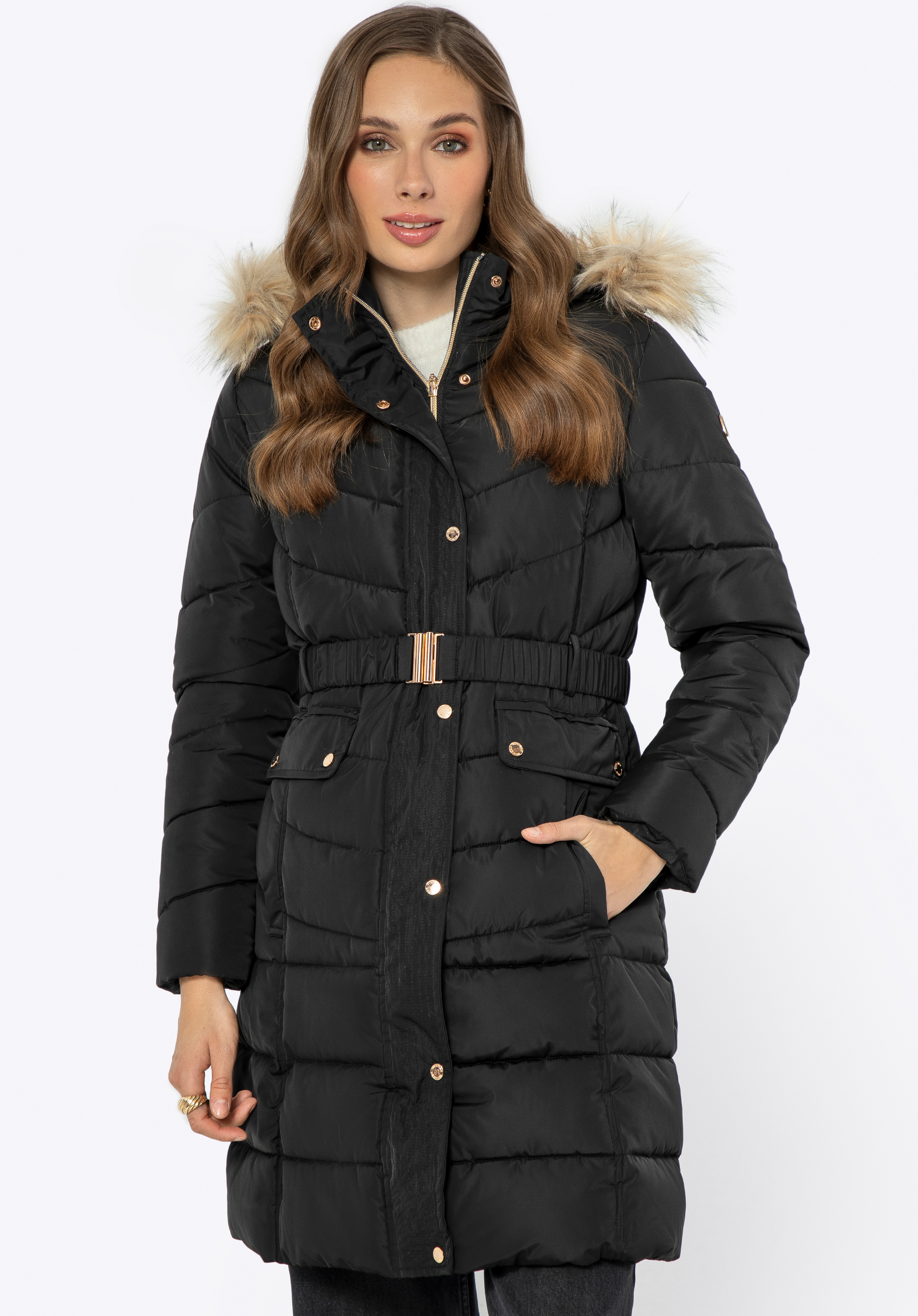 Dámska prešívaná bunda s kapucňou, čierna, 99-9D-900-N-2XL, Obrázok 1