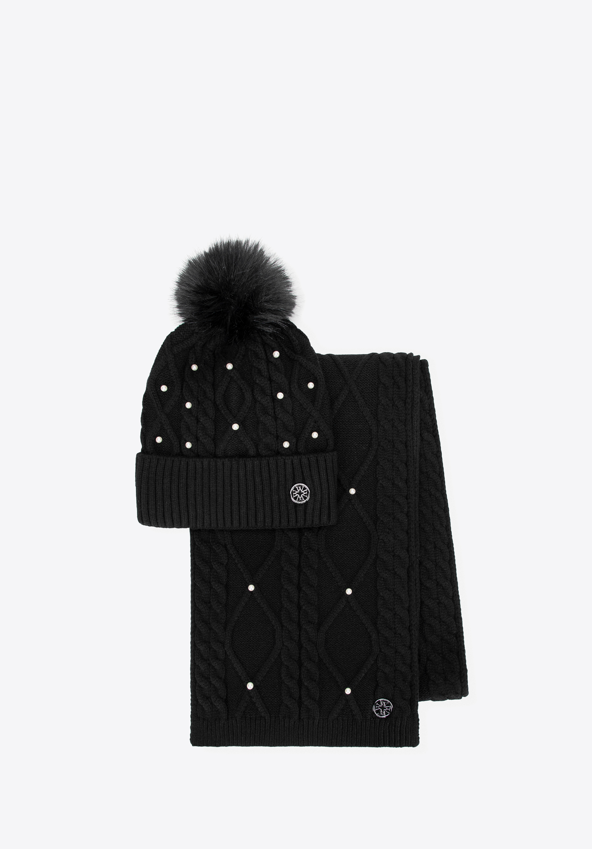 Dámska zimná súprava zdobená perlami, čierna, 101-SF-023-1, Obrázok 1