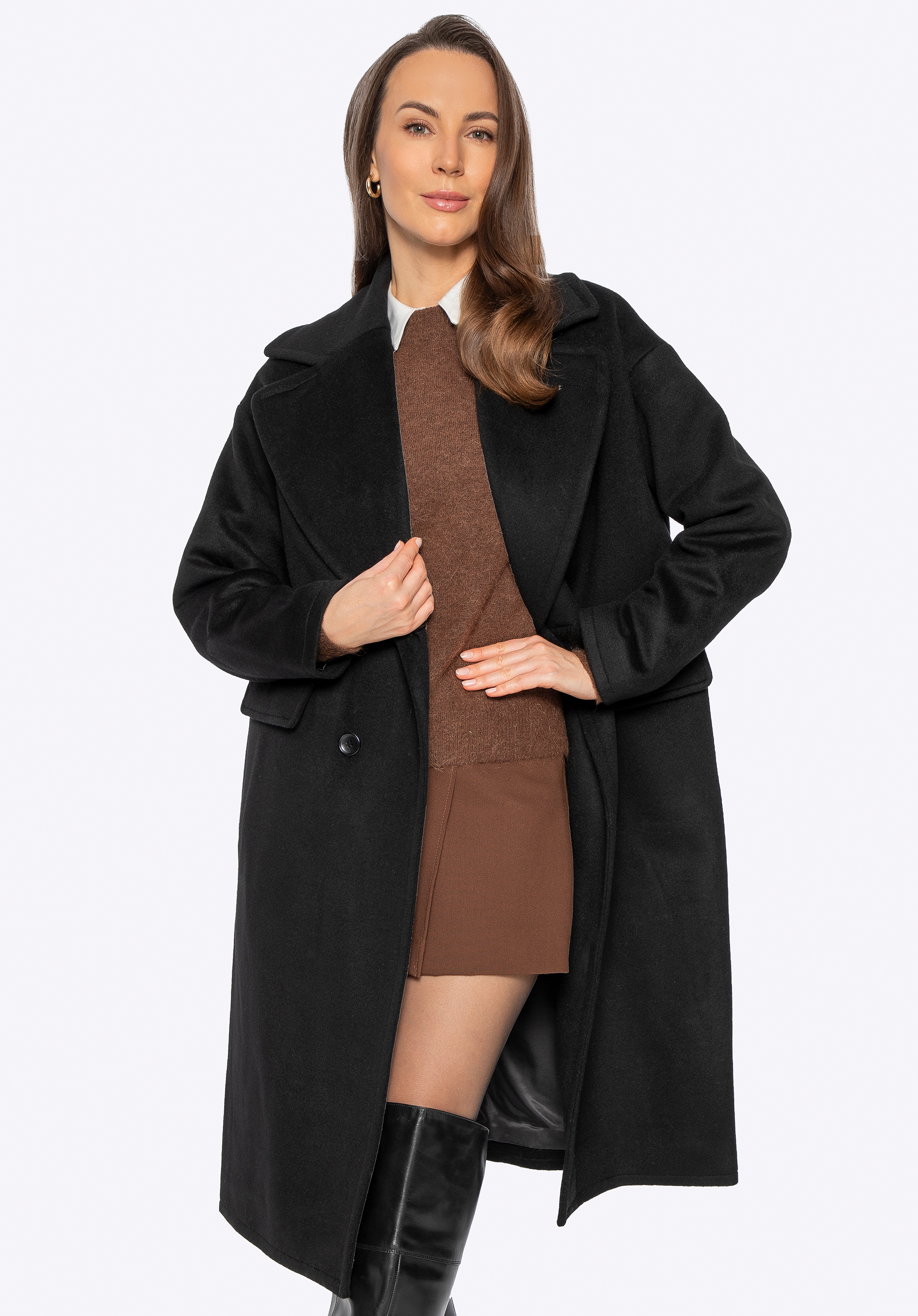 Dámsky dvojradový kabát zo zmesi vlny a kašmíru, čierna, 101-9W-702-1-XL, Obrázok 1