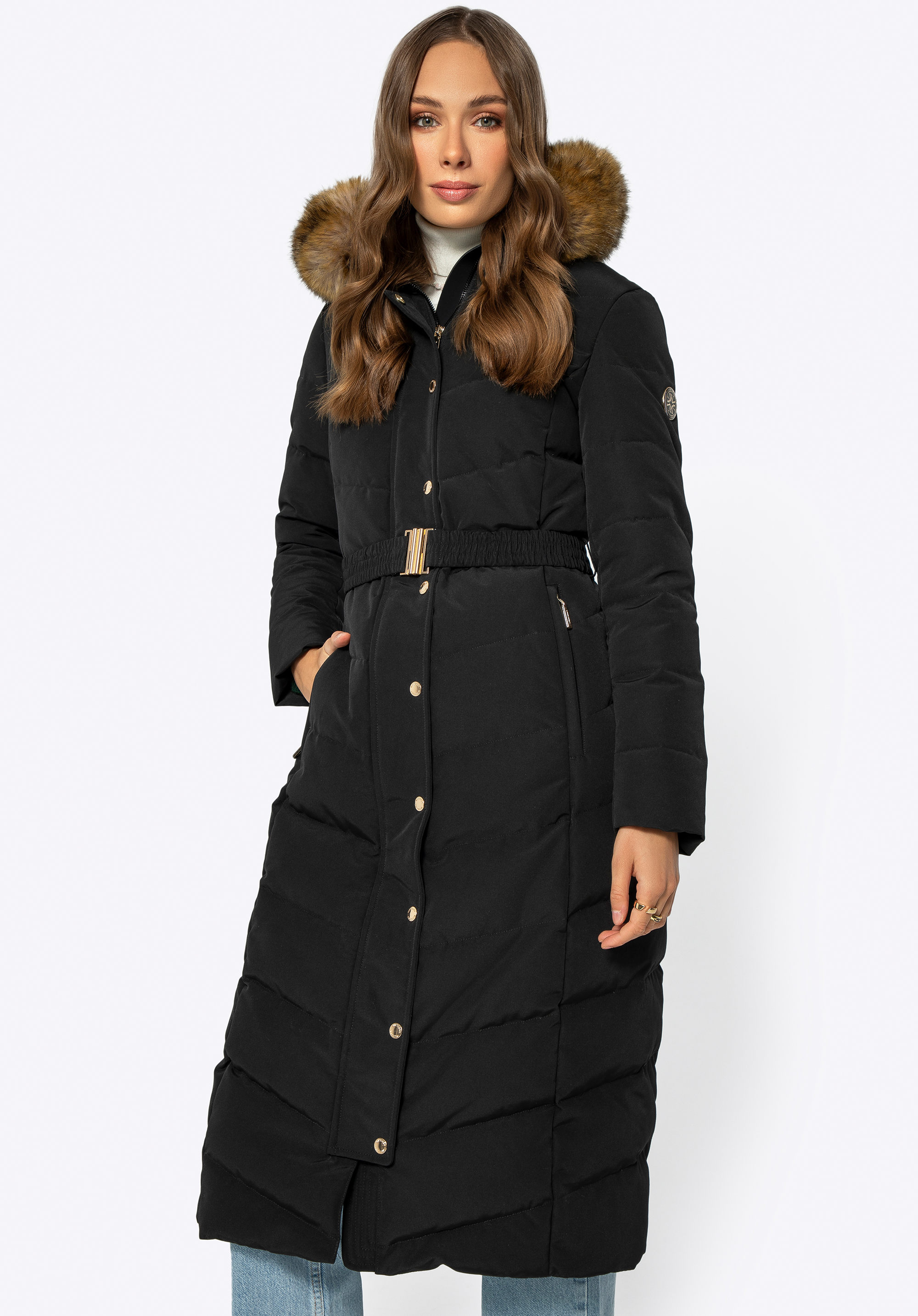 Dámsky kabát s kožušinovou kapucňou, čierna, 99-9D-201-1-XL, Obrázok 1