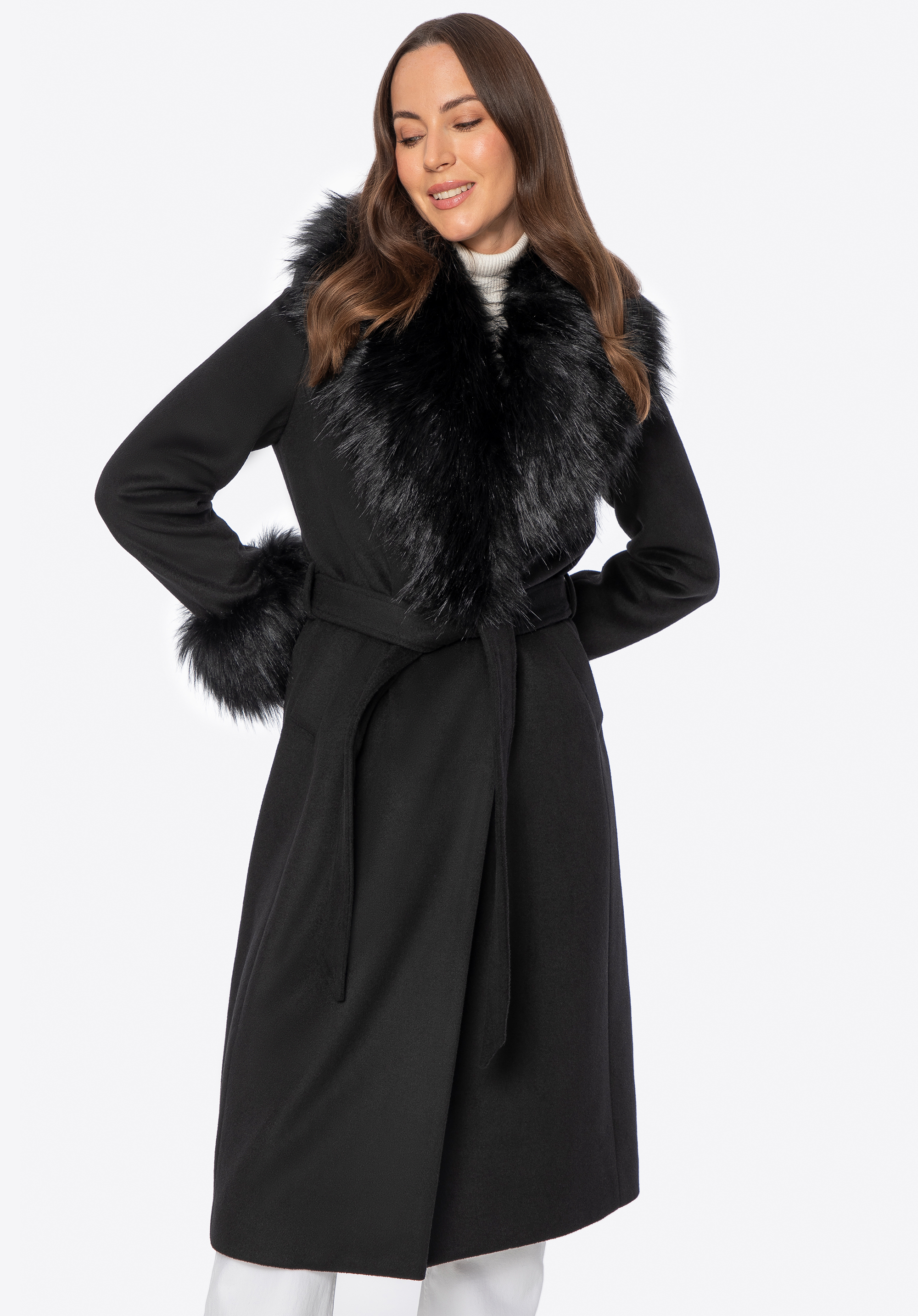 Dámsky kabát zo zmesi vlny s detailmi z umelej kožušiny, čierna, 101-9W-500-1-L, Obrázok 1