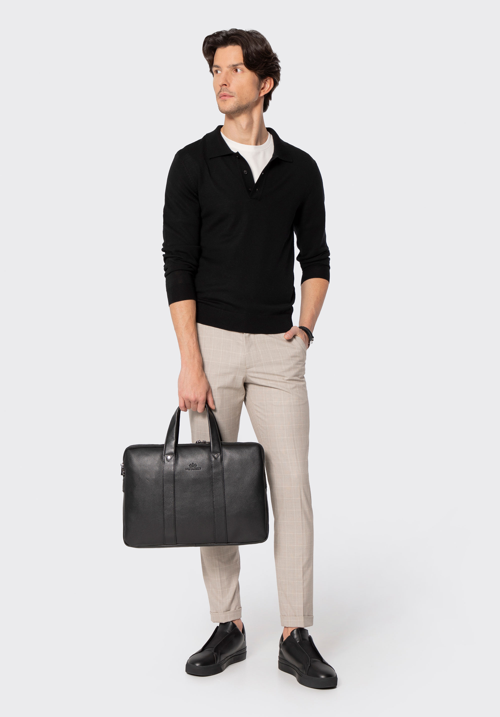 Dvojpriehradková kožená taška na notebook 15,6", čierna, 29-3U-301-1, Obrázok 1