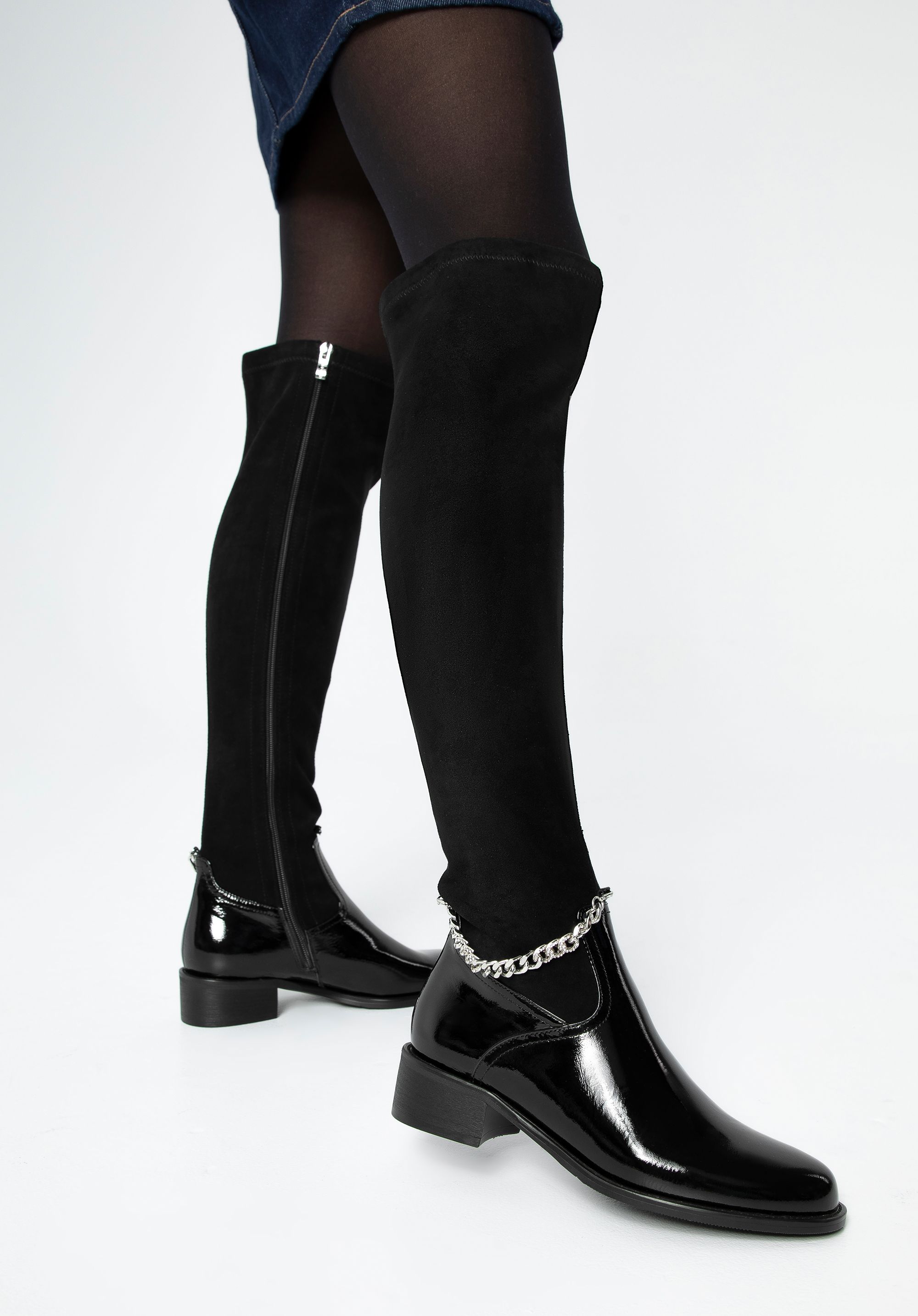 Women''s leather over the knee boots with chain detail, čierna, 99-D-501-1-36, Obrázok 1