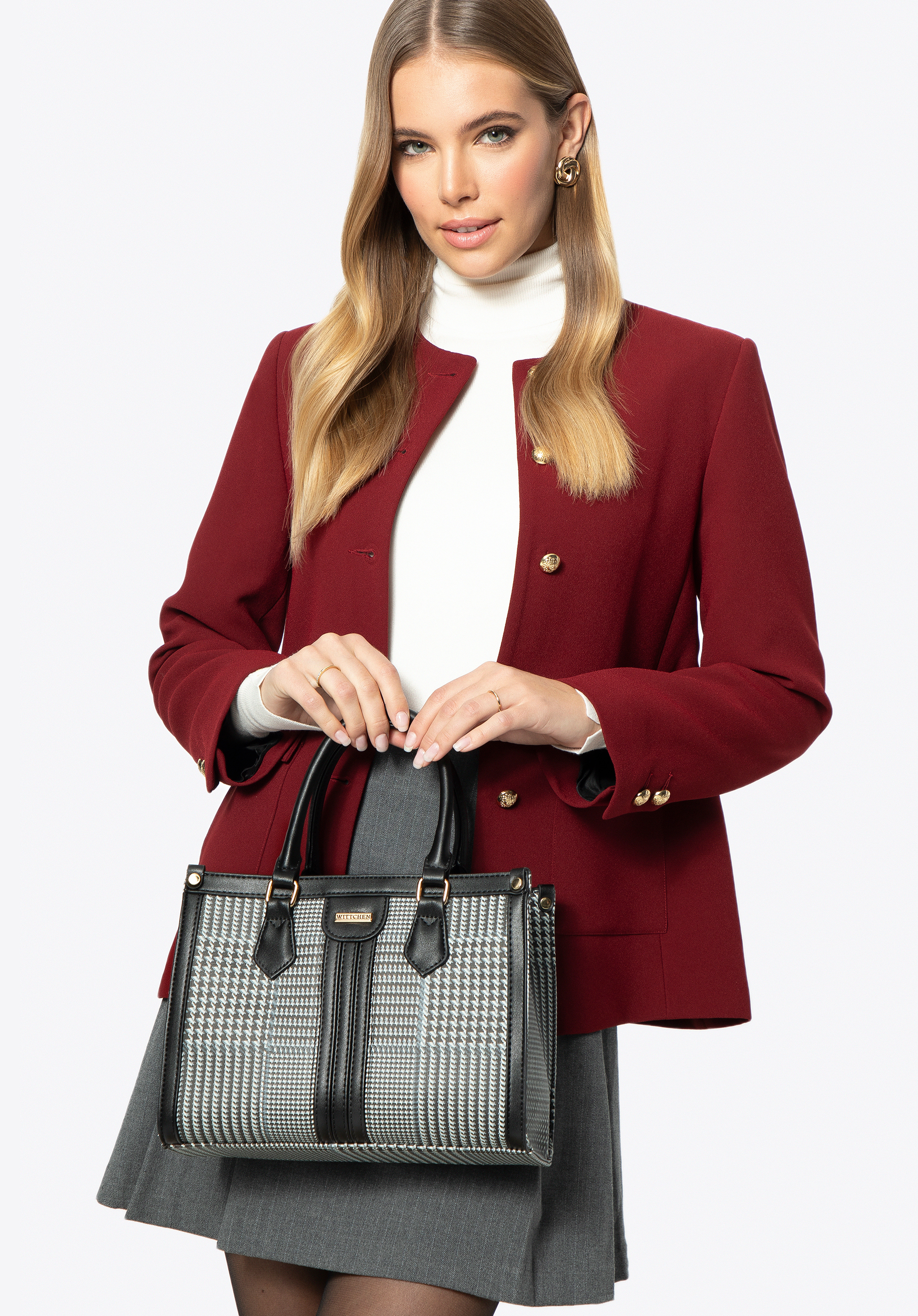 Dámska kabelka s houndstooth z umelej kože, čierno-biela, 99-4Y-618-1, Obrázok 1
