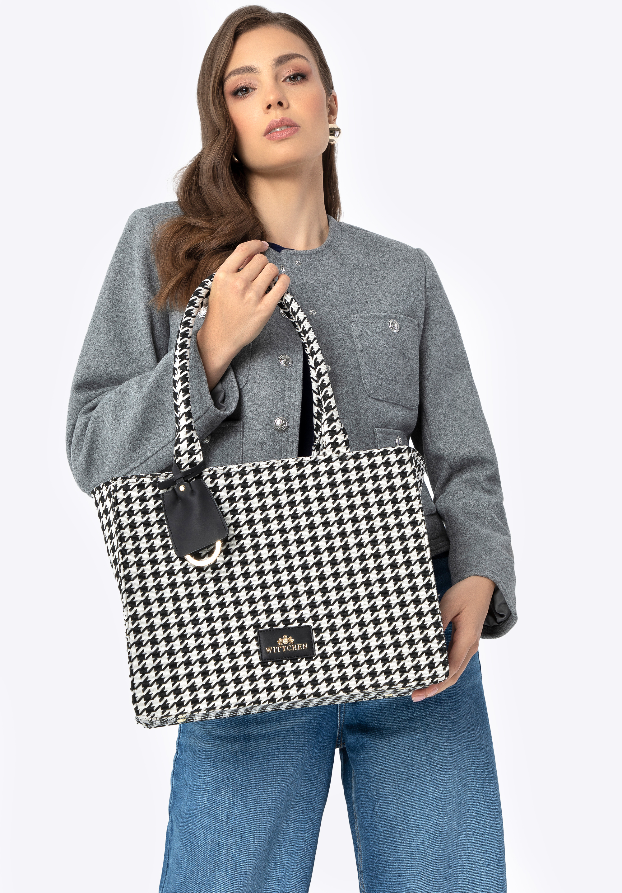 Dámska žakárová nákupná taška so strapcom, čierno-biela, 99-4E-501-X3, Obrázok 1