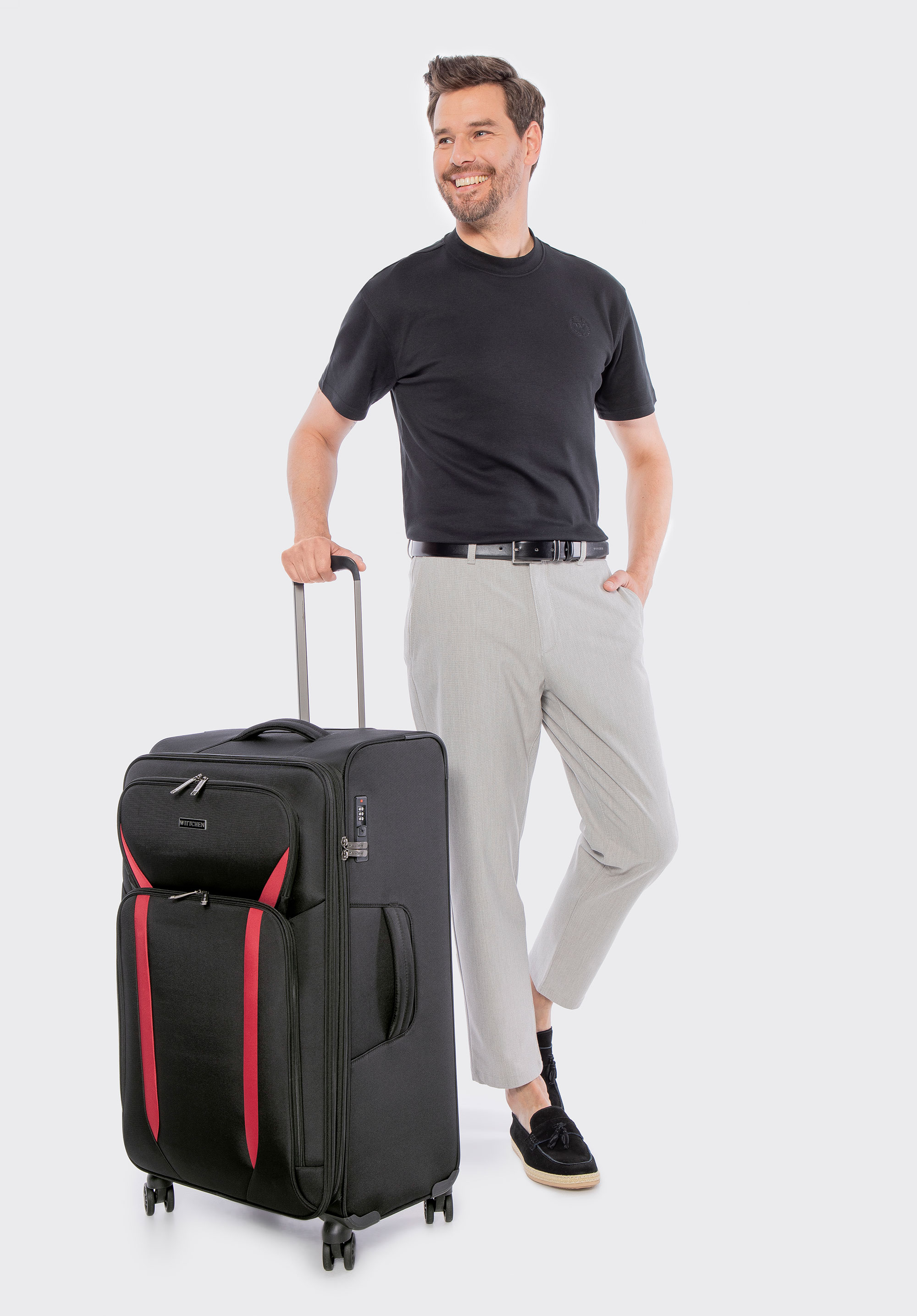 Veľký dvojfarebný kufor s mäkkými bočnicami, čierno-červená, 56-3S-183-11, Obrázok 1