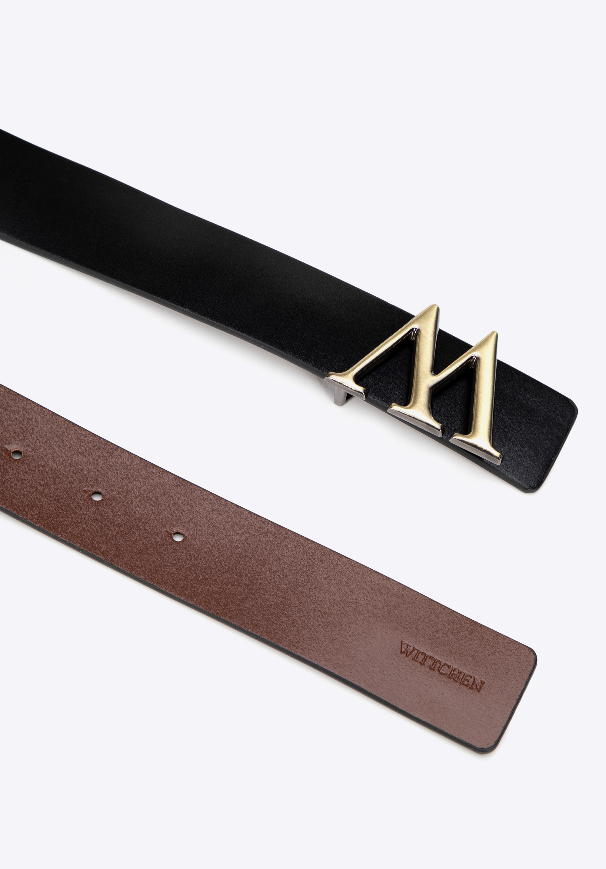 Pánsky kožený opasok s písmenom "W" na pracke, čierno-hnedá, 29-8M-004-1-90, Obrázok 1
