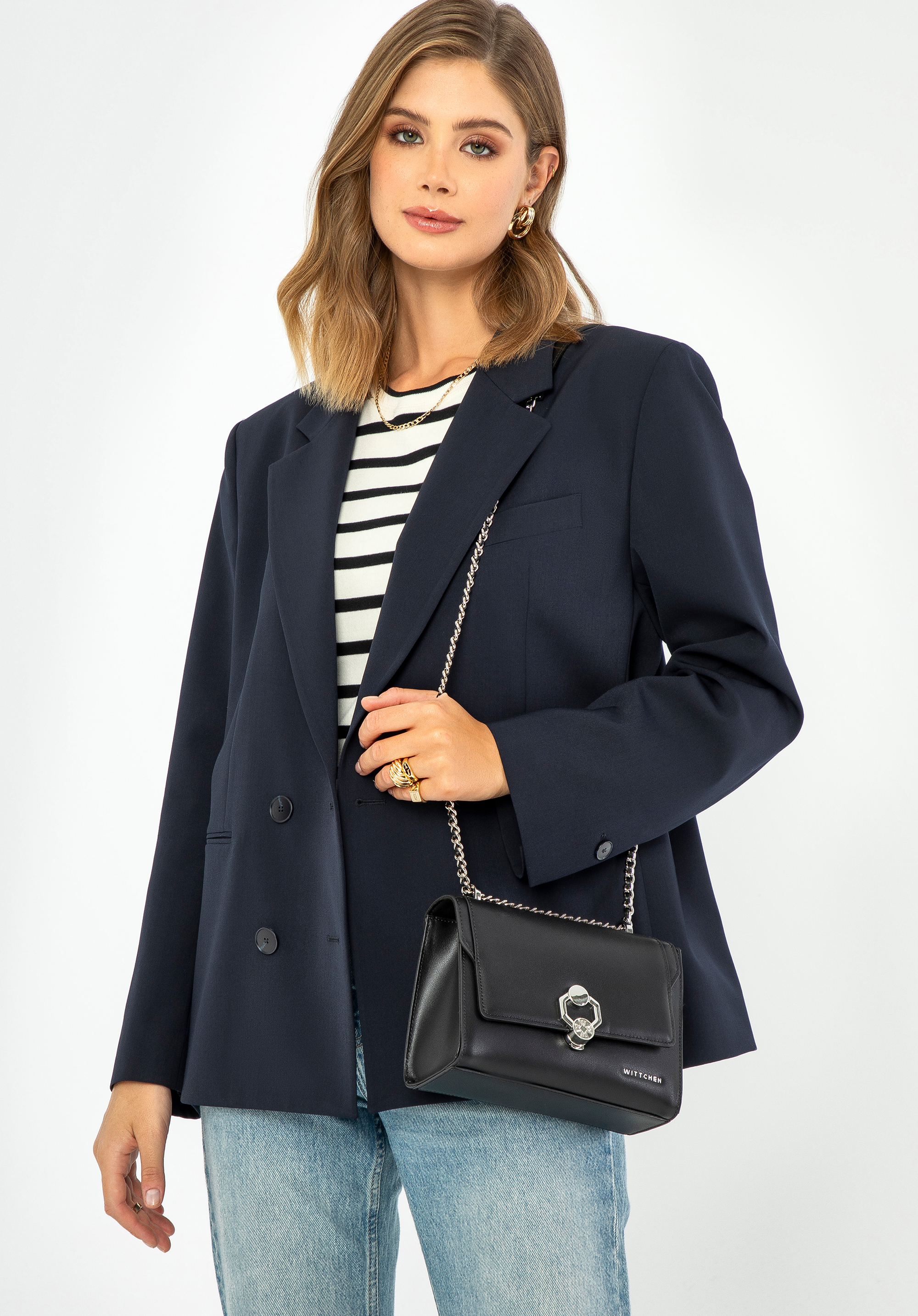 Dámska kožená crossbody kabelka s ozdobnou prackou, čierno-strieborná, 99-4E-627-1S, Obrázok 1