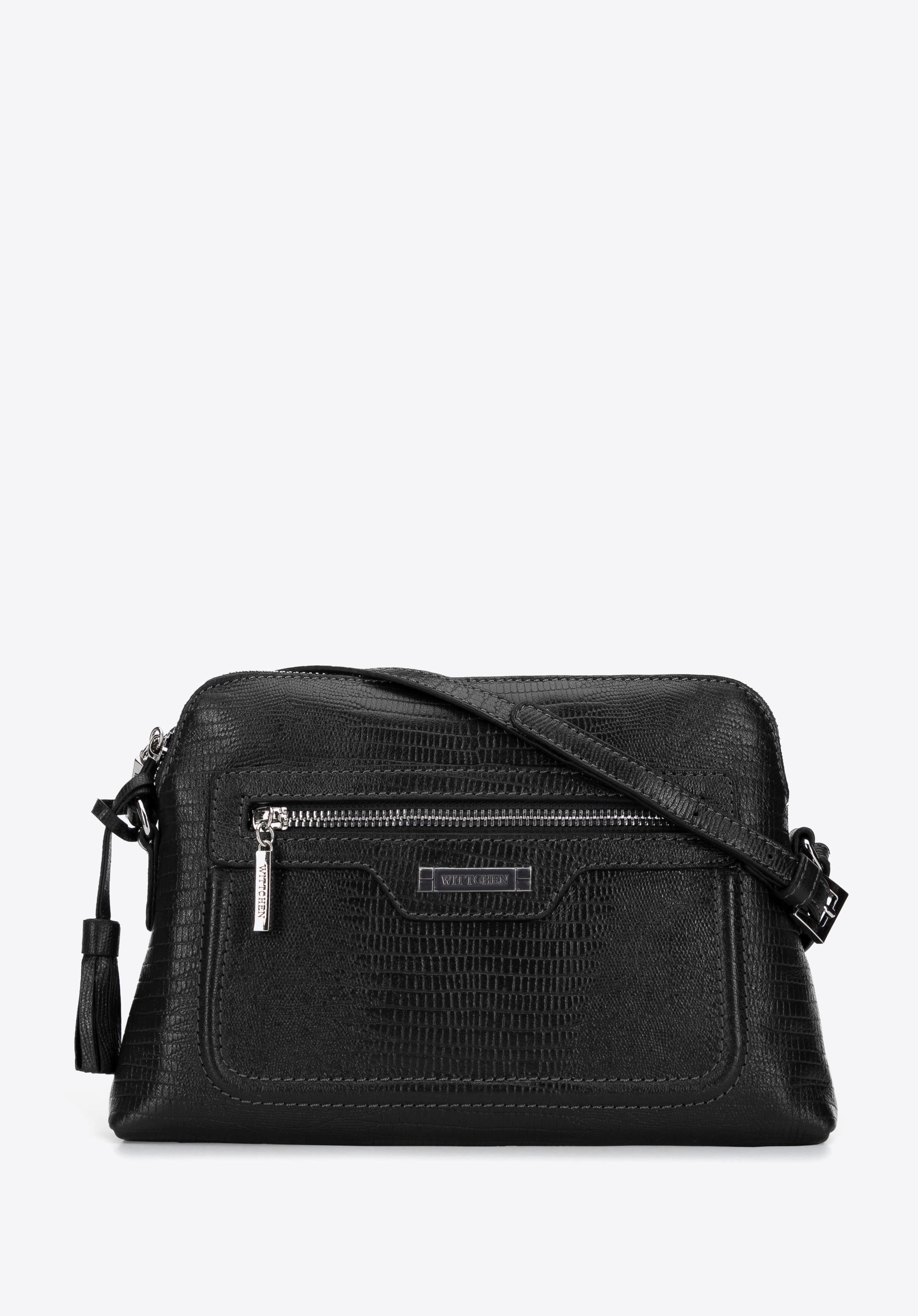 Dámska kožená poštová kabelka so strapcom, čierno-strieborná, 29-4E-013-3, Obrázok 1