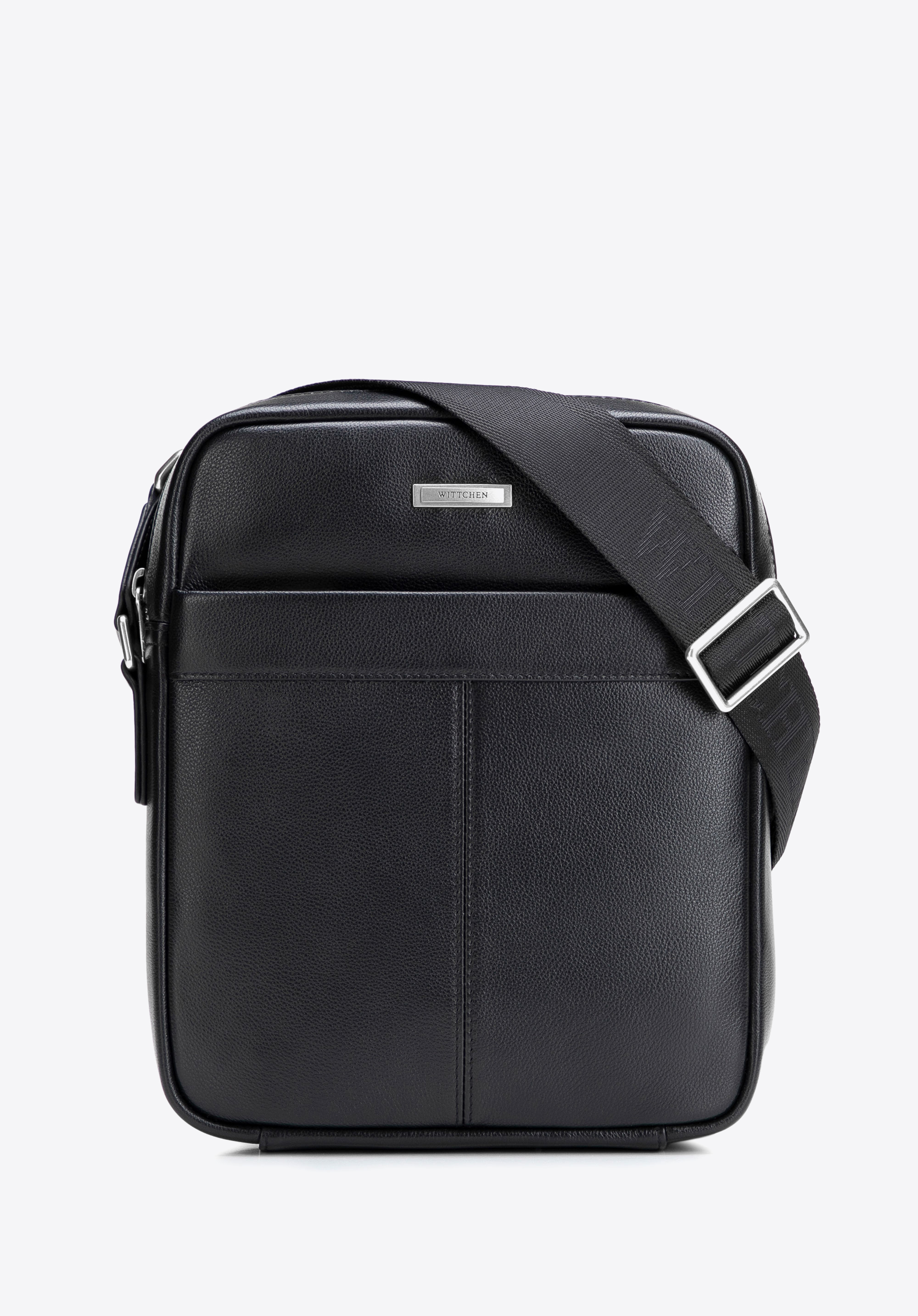 Pánska kožená crossbody kabelka s ozdobným prešívaním, čierno-strieborná, 102-4U-605-1S, Obrázok 1