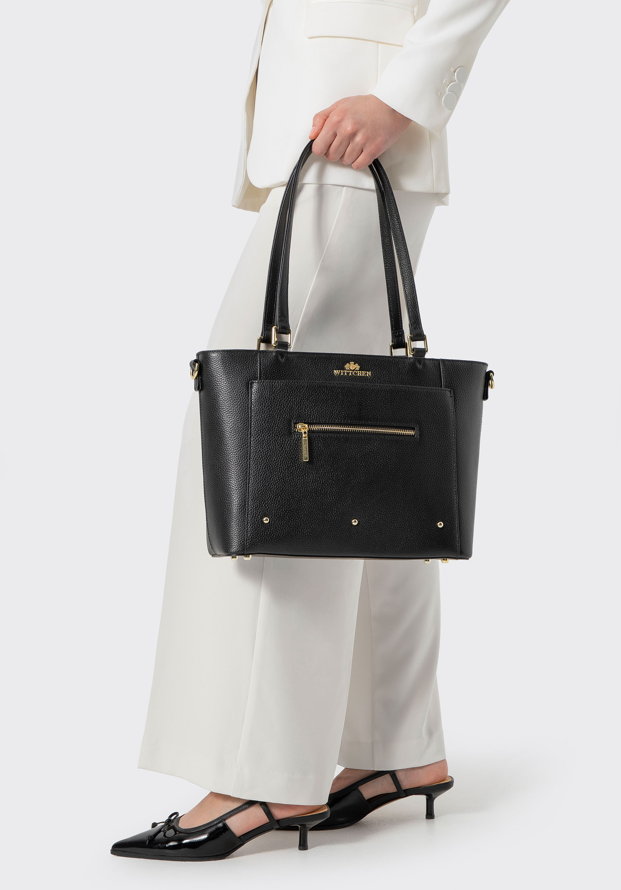 Dámska kožená shopper taška s vreckami, čierno-zlatá, 100-4E-607-1G, Obrázok 1
