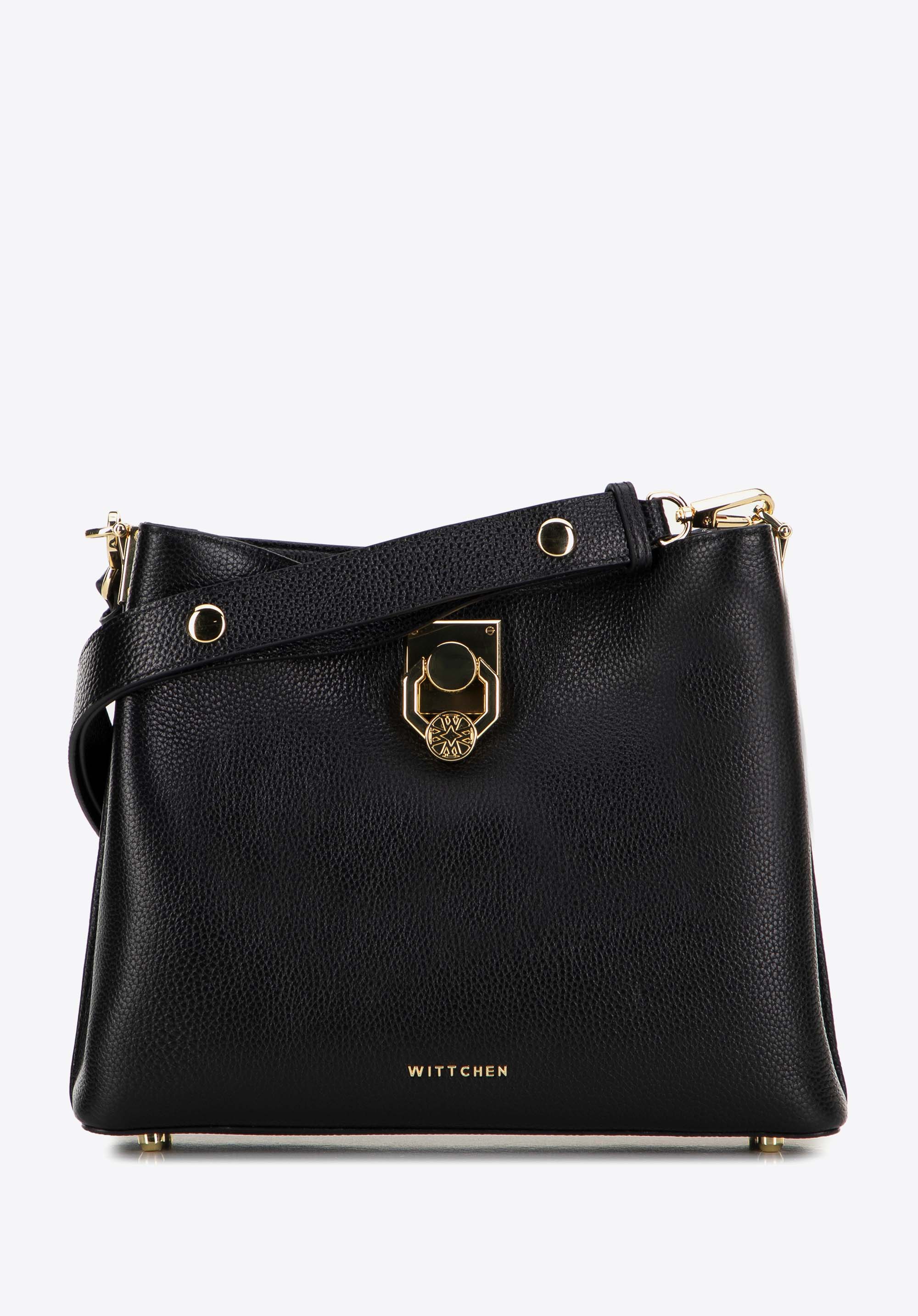 Dámska kožená taška cez rameno, čierno-zlatá, 100-4E-605-1G, Obrázok 1