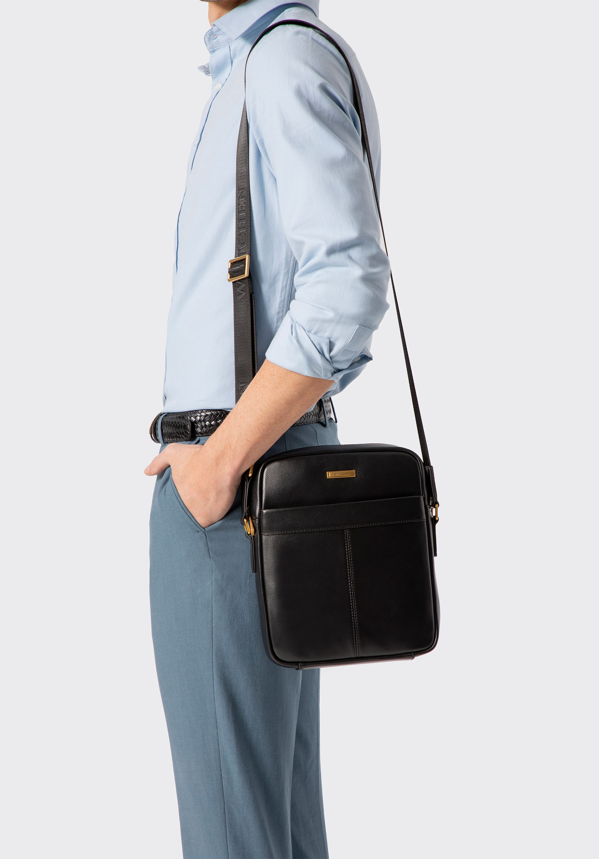 Pánska kožená crossbody kabelka s ozdobným prešívaním, čierno-zlatá, 102-4U-605-1G, Obrázok 1
