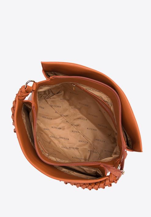Tříkomorová dámská kabelka z ekologické kůže s pleteným uchem, cihlová, 97-4Y-515-1, Obrázek 3