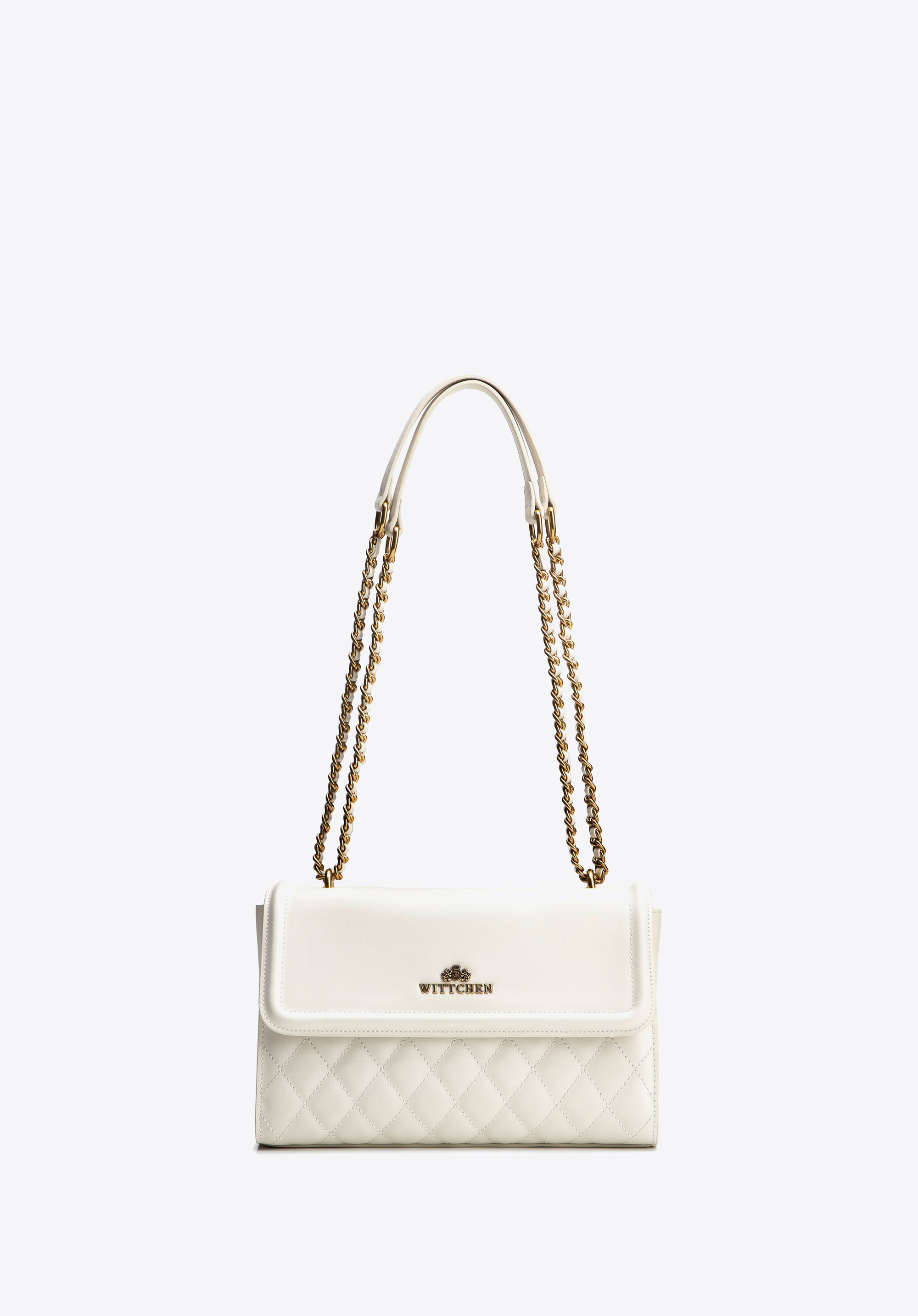 Geantă crossbody din piele, cu lanț, crem-aurie, 100-4E-205-0G, Fotografie 1