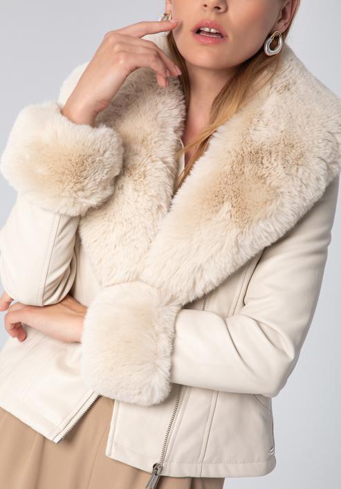 Jachetă pentru femei din piele artificială cu detaliu din blană artificială, crem, 97-9P-107-1-XL, Fotografie 5