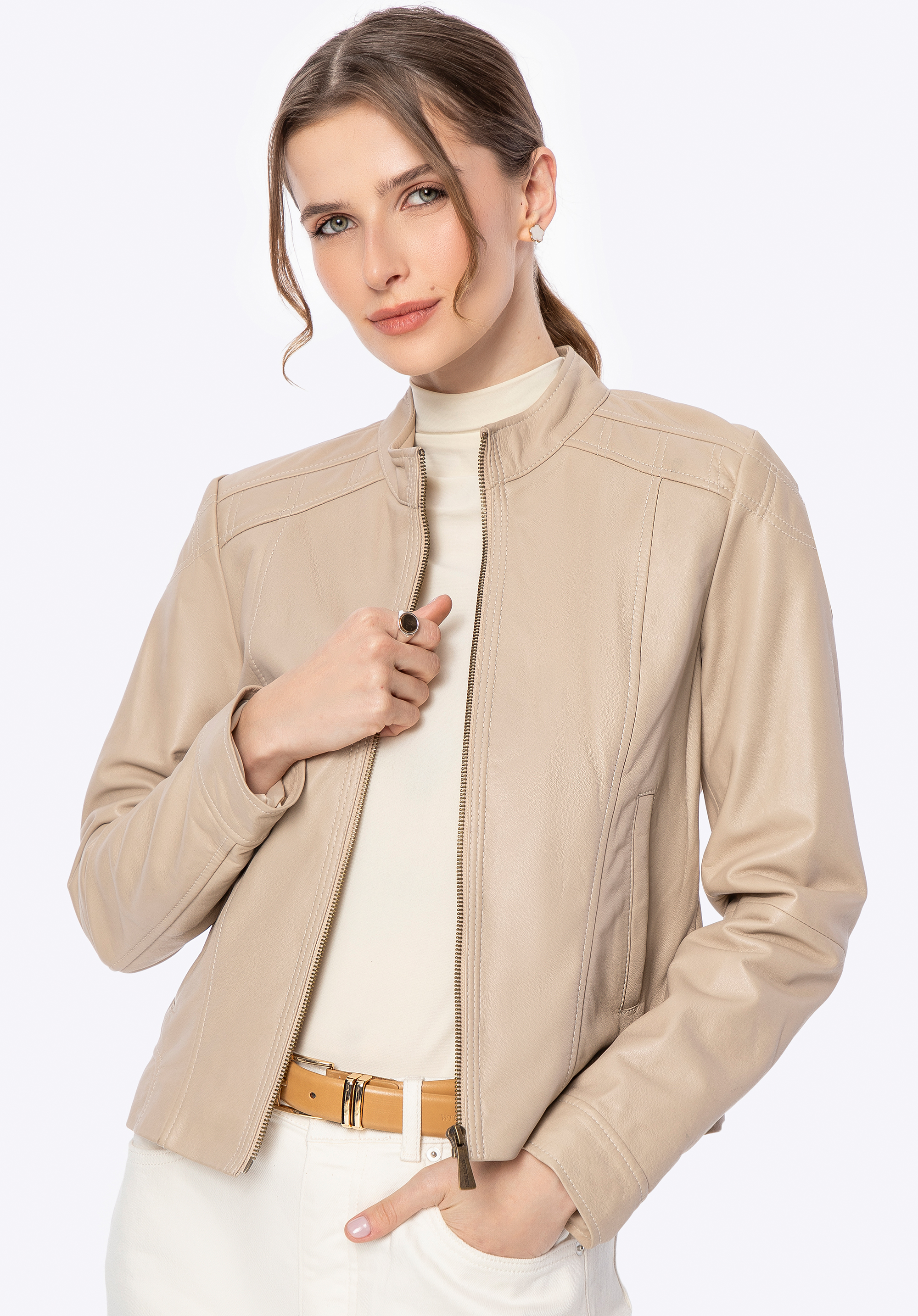 Geaca clasica de piele de dama, crem, 100-09-800-0-L, Fotografie 1