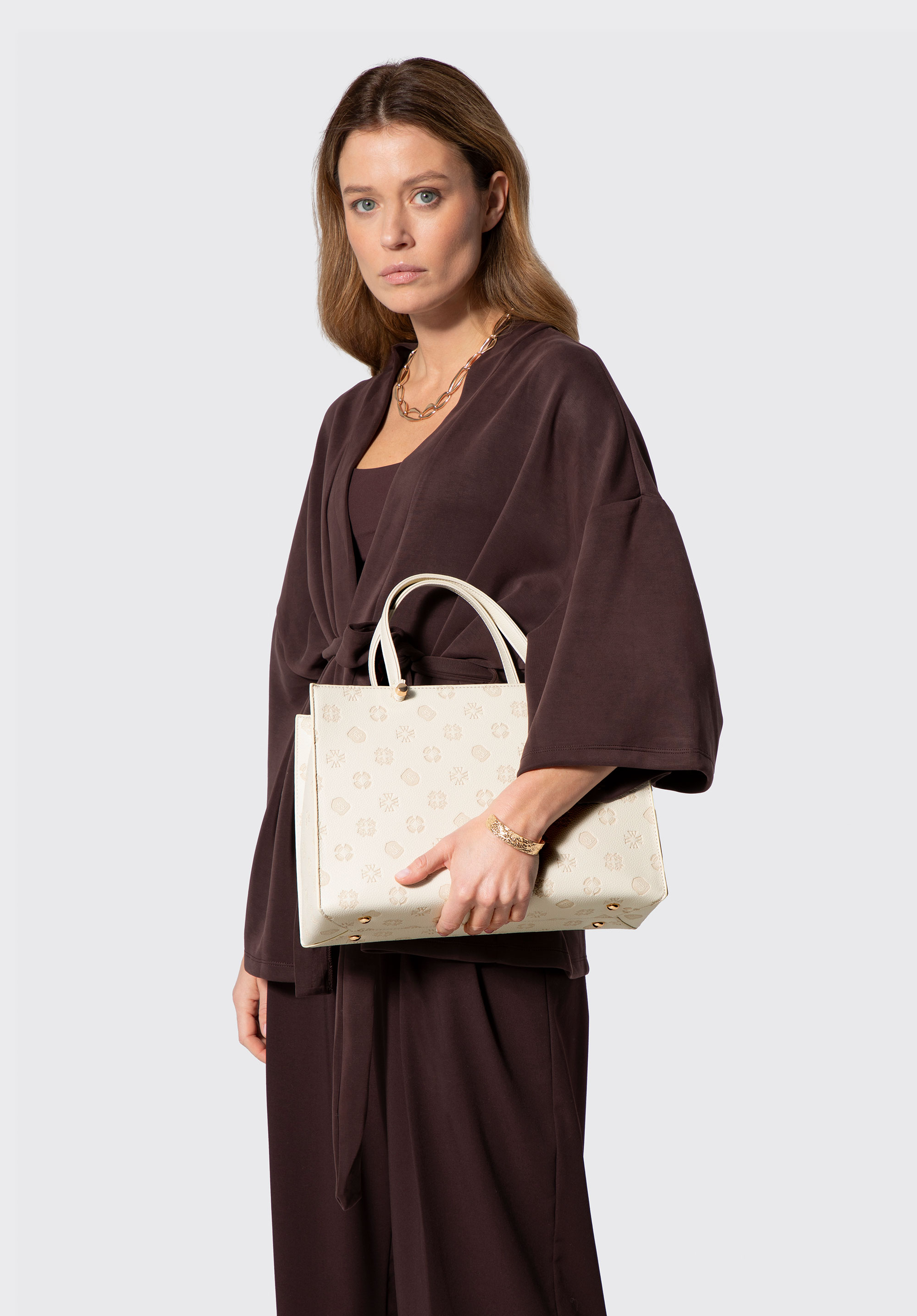 Geantă tote din piele ecologică cu relief, crem, 101-4Y-P02-0, Fotografie 1