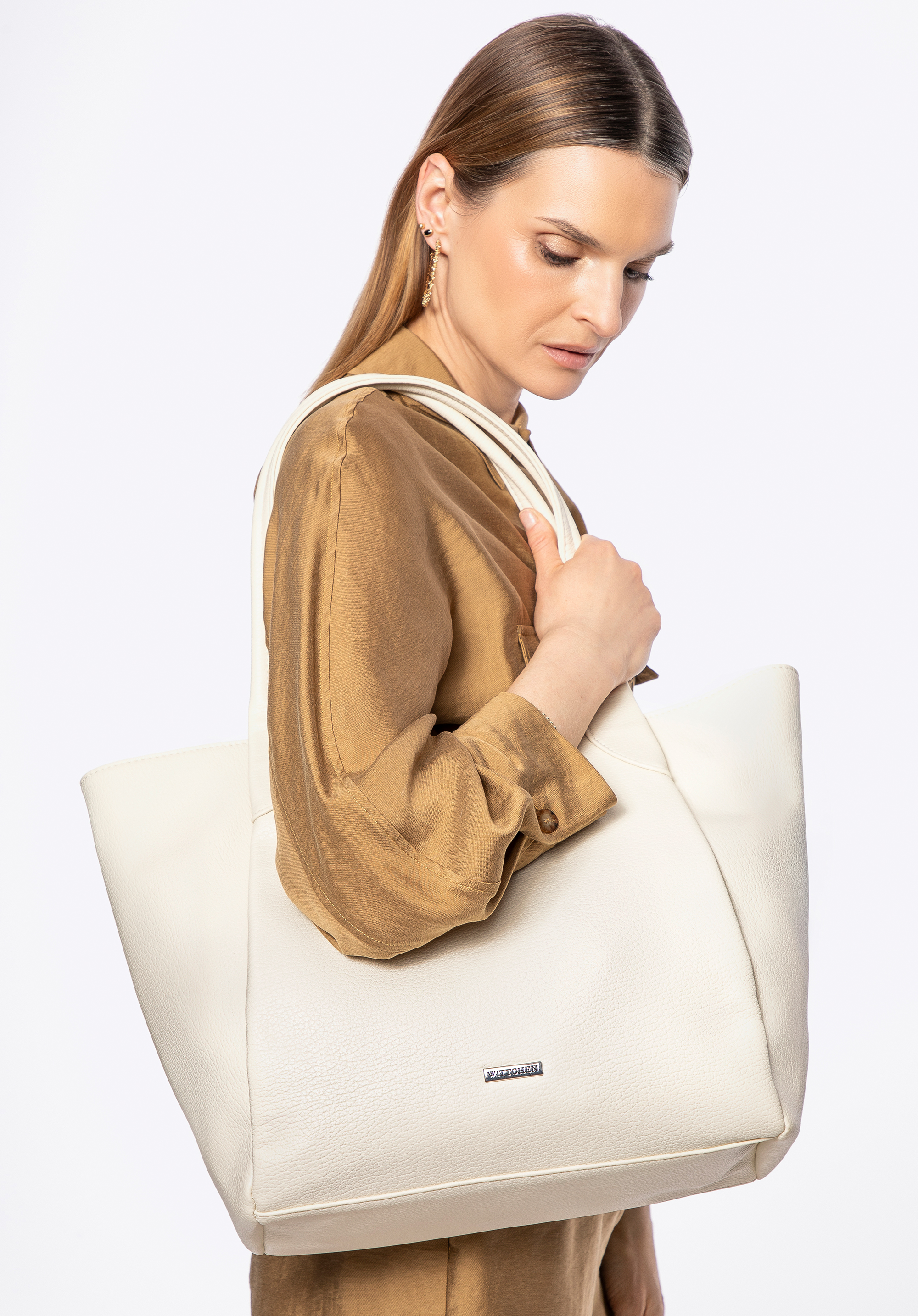 Geantă shopper din piele artificială pentru femei, crem, 100-4Y-436-0, Fotografie 4