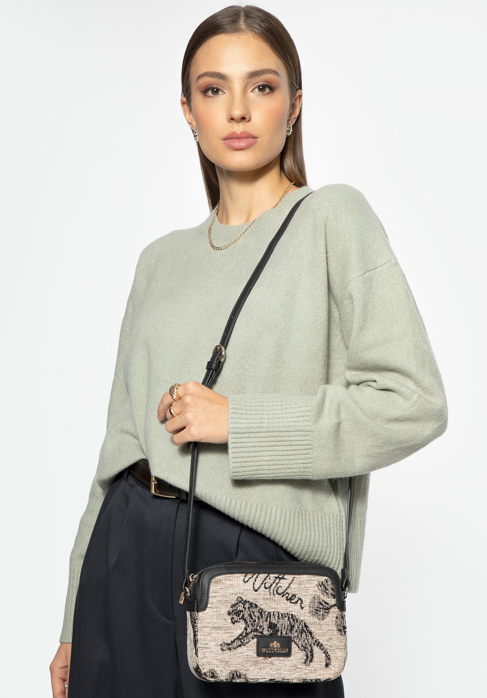 Geantă de mână pentru femei din jacquard și piele ecologică, crem - negru, 99-4E-503-X9, Fotografie 1