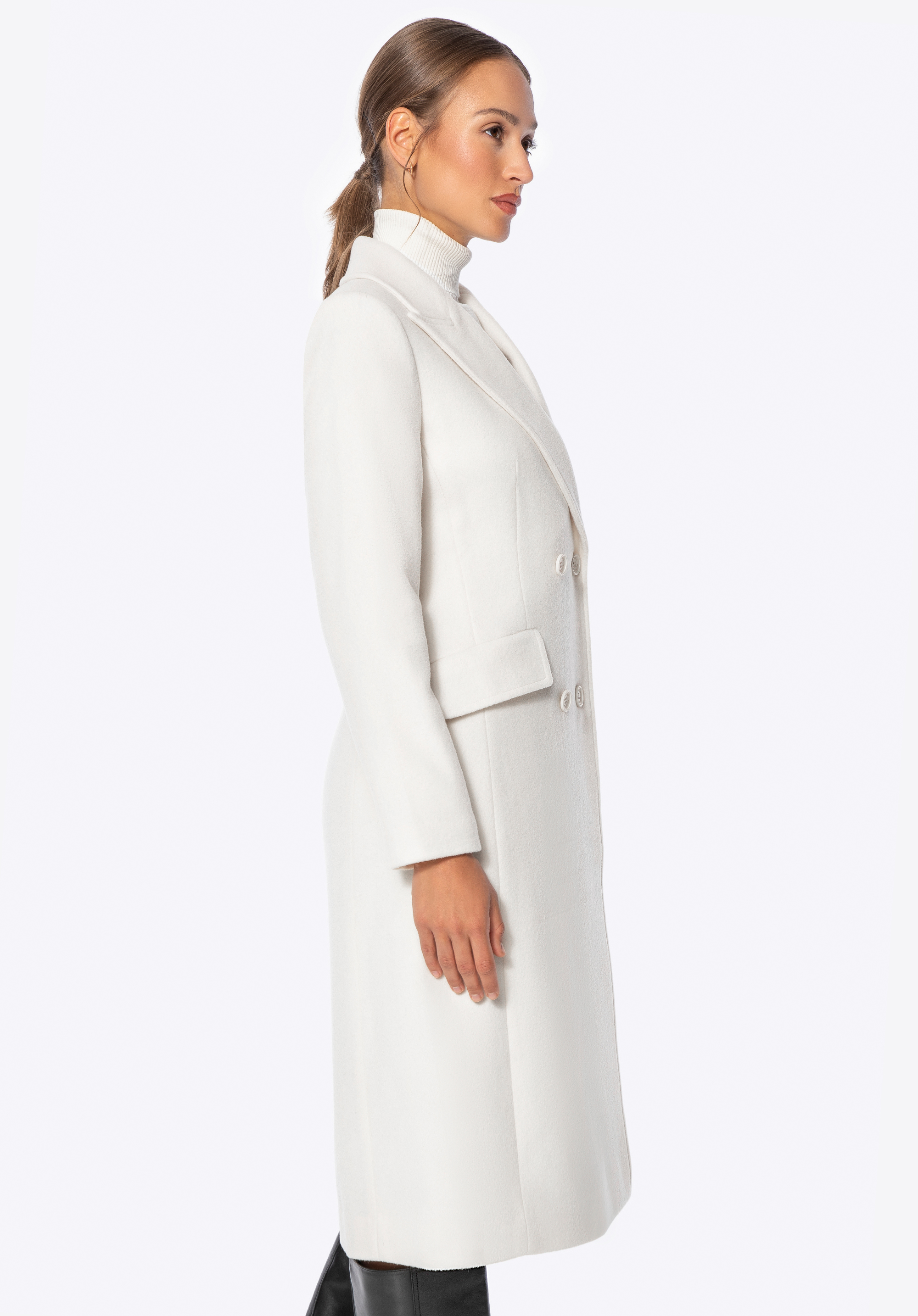 Palton de damă din amestec de lână și cașmir, crem, 101-9W-703-0-S, Fotografie 1