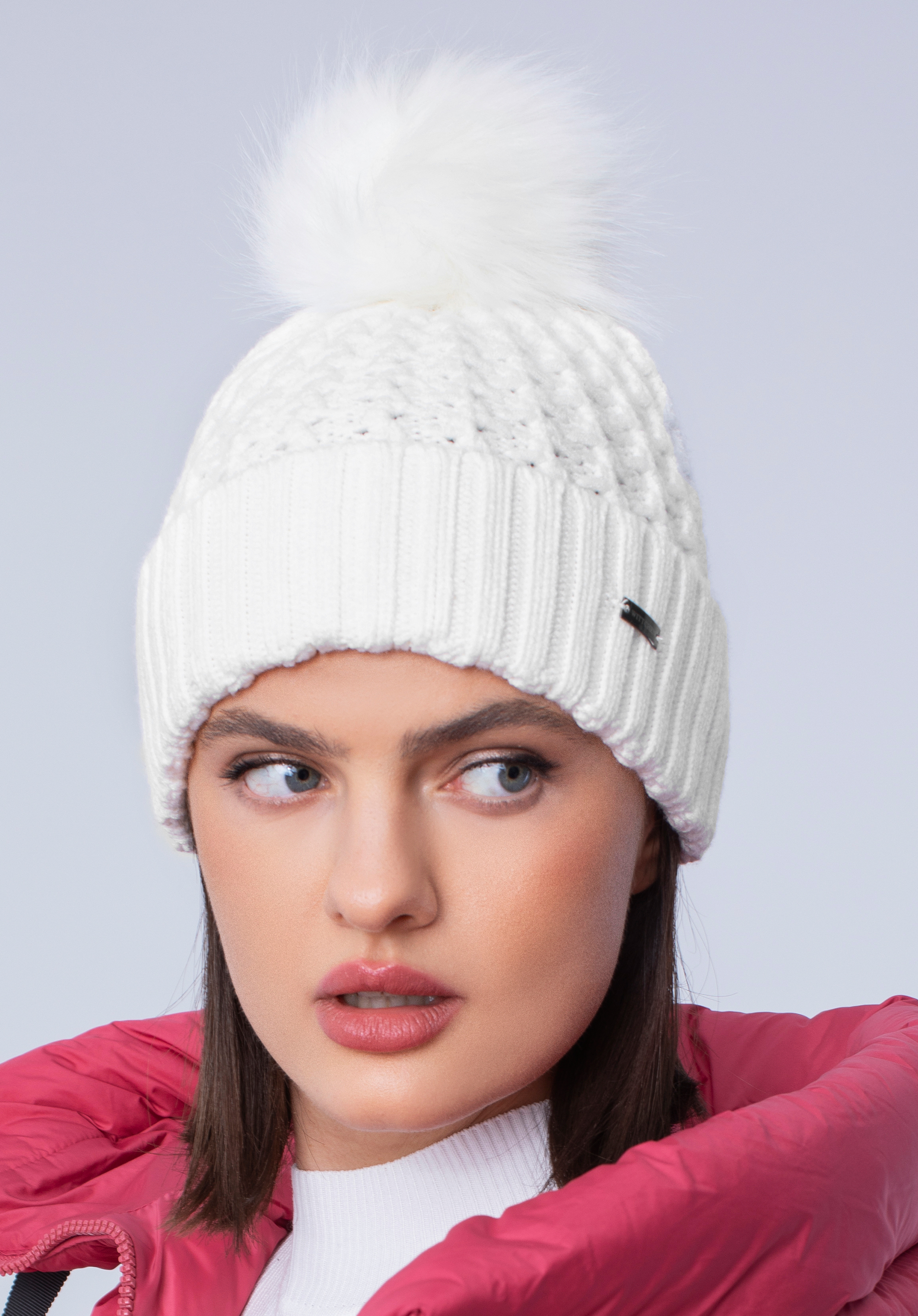 Căciulă tricotată de iarnă pentru femei cu pom pom, crem, 97-HF-105-0, Fotografie 1
