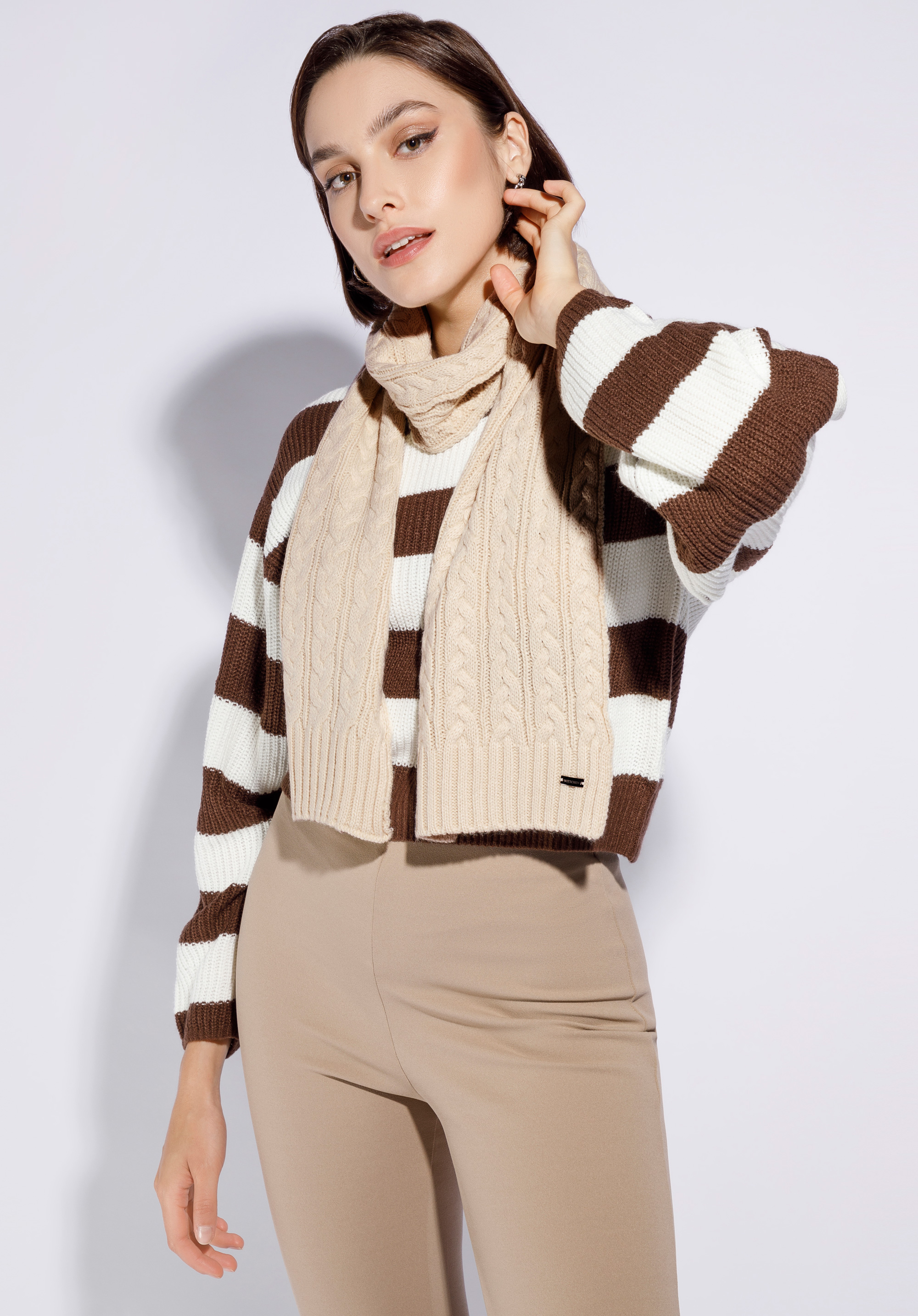 Șal de damă cu împletitură densă, crem, 95-7F-005-0, Fotografie 1