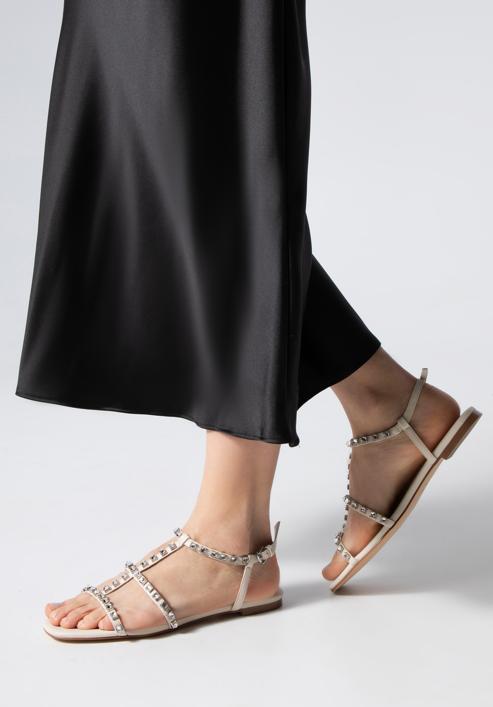 Sandale de dama impodobite cu cristale, crem, 98-D-972-G-35, Fotografie 15