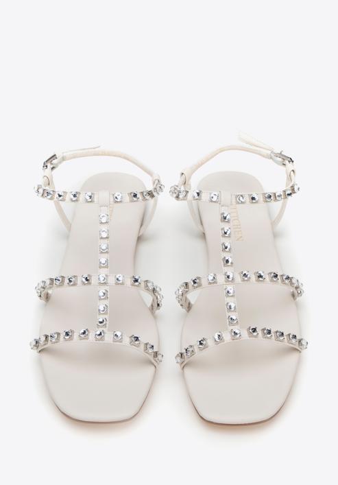 Sandale de dama impodobite cu cristale, crem, 98-D-972-G-35, Fotografie 3