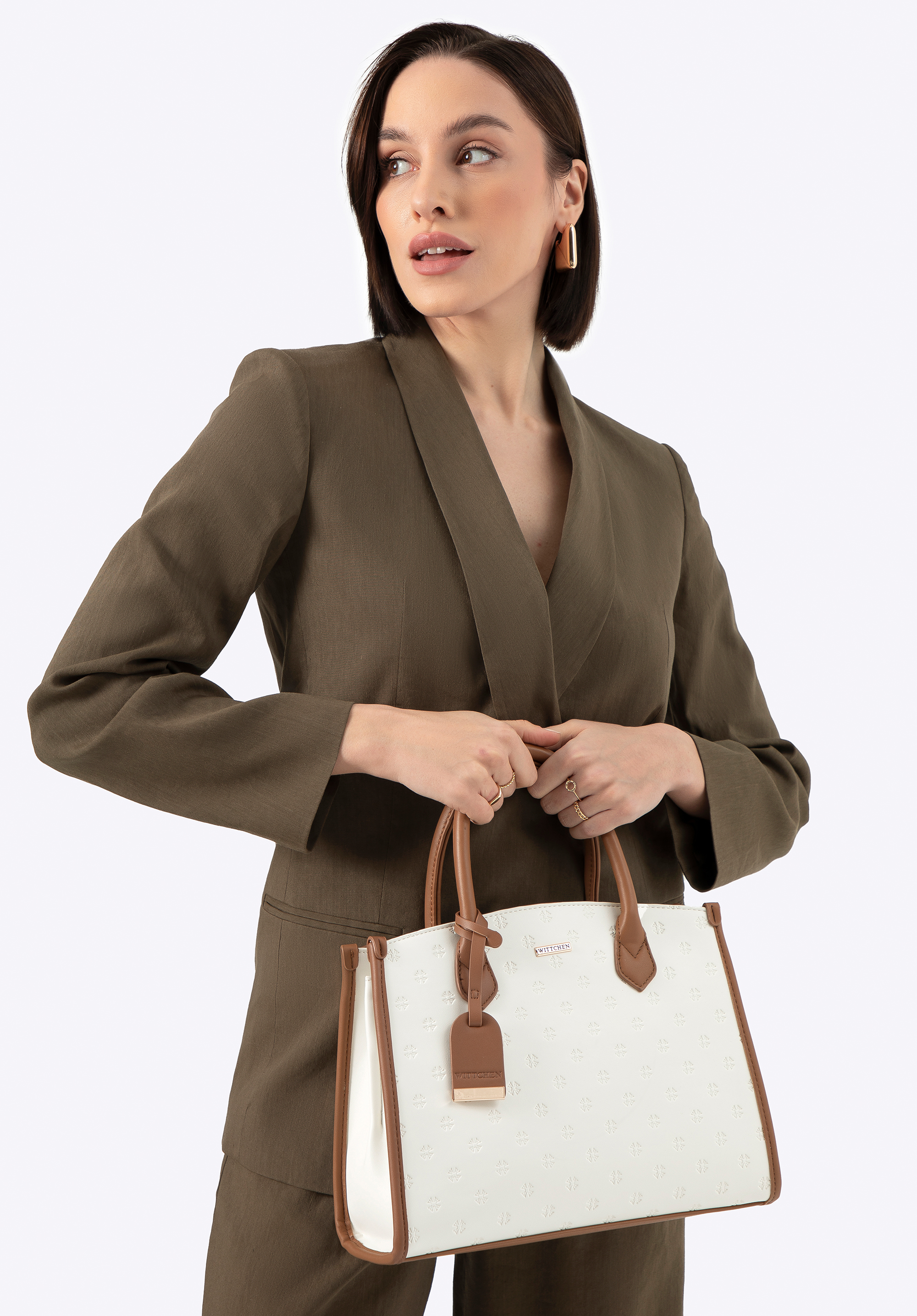 Damen-Tasche aus Öko-Leder mit geprägtem Logo, creme-braun, 100-4Y-221-0, Bild 1
