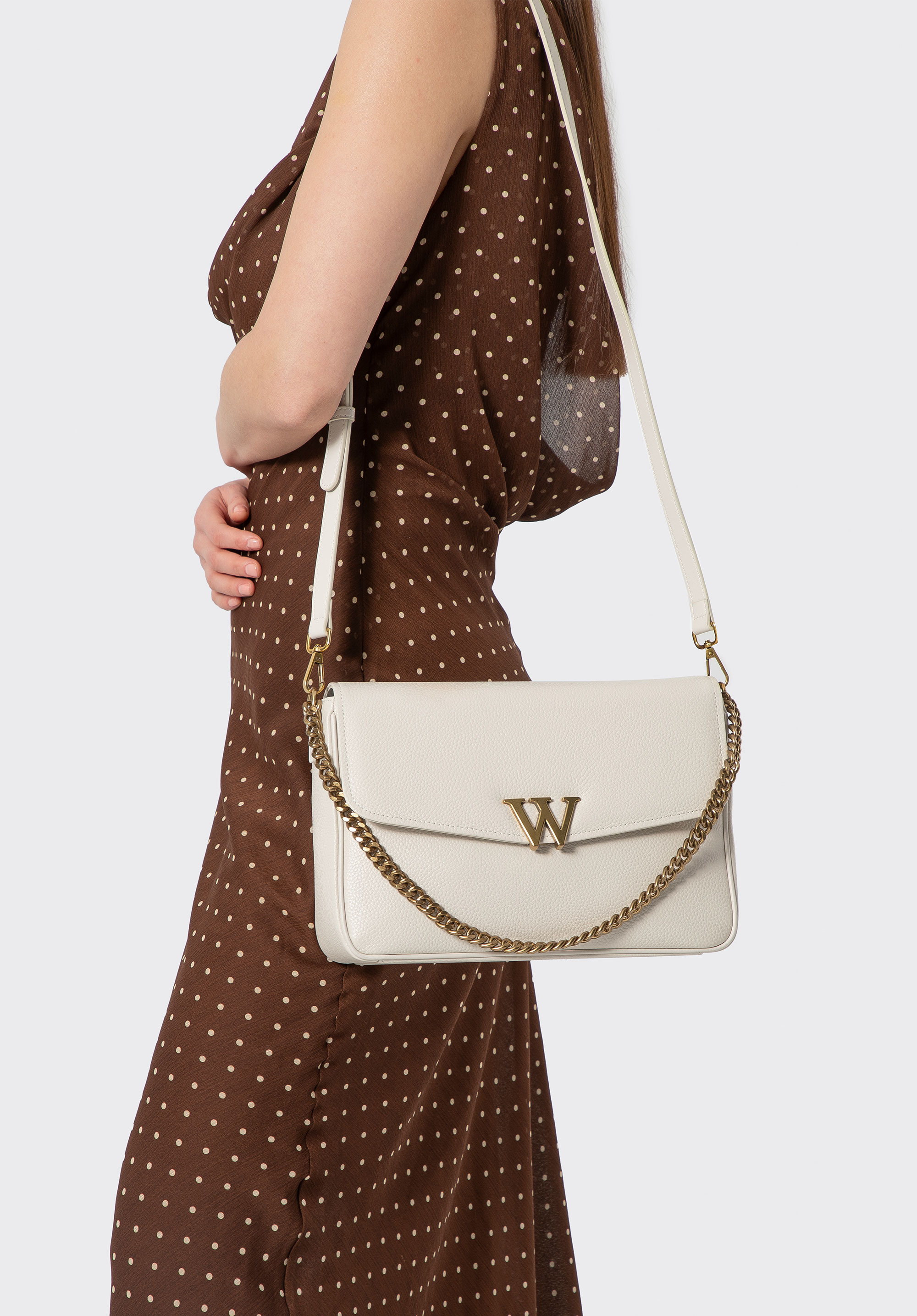Damen Leder Crossbody mit dekorativem Verschluss, Creme, 100-4E-213-0, Bild 1