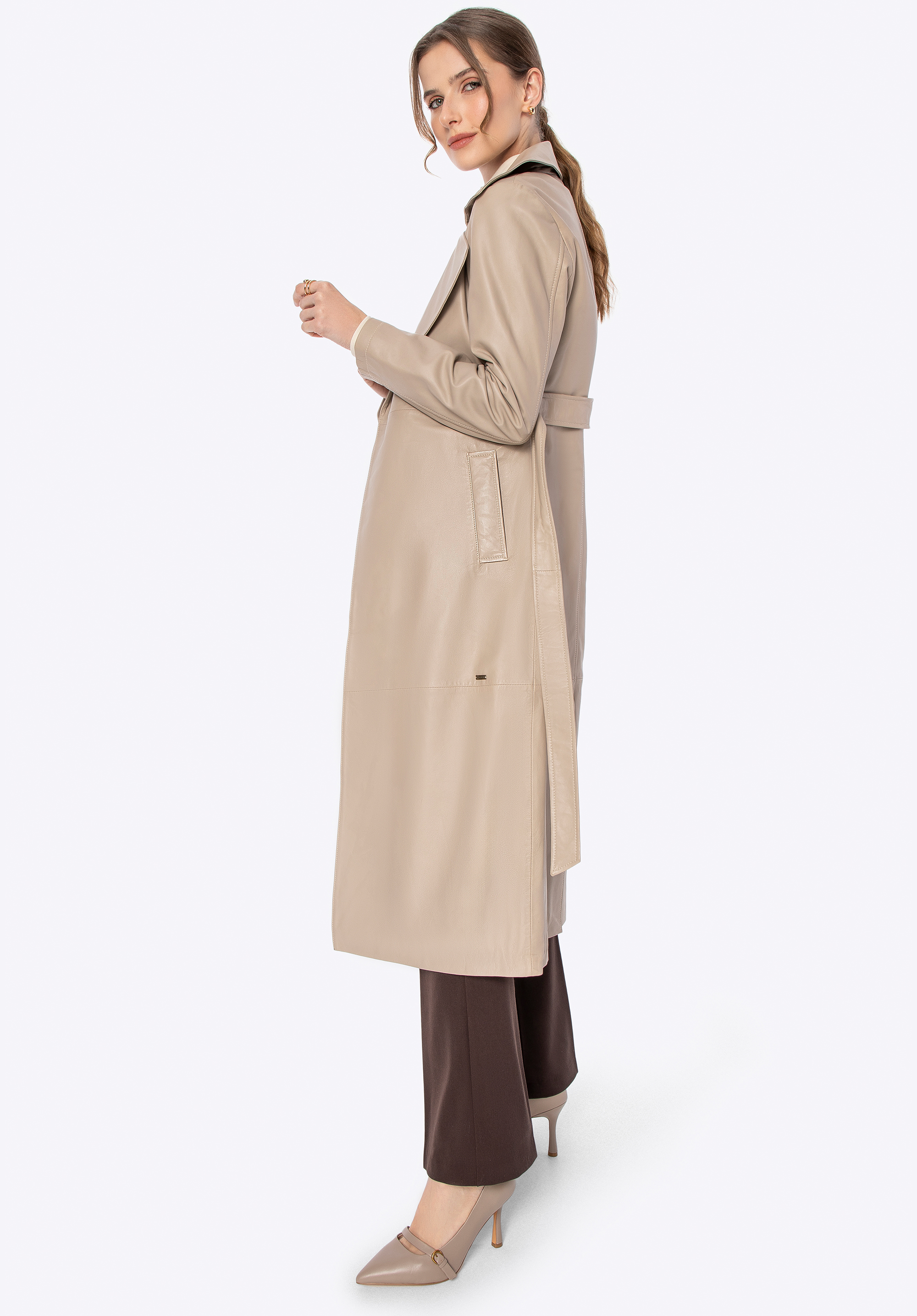 Damen Ledermantel mit Gürtel, Creme, 100-09-811-0-XL, Bild 1