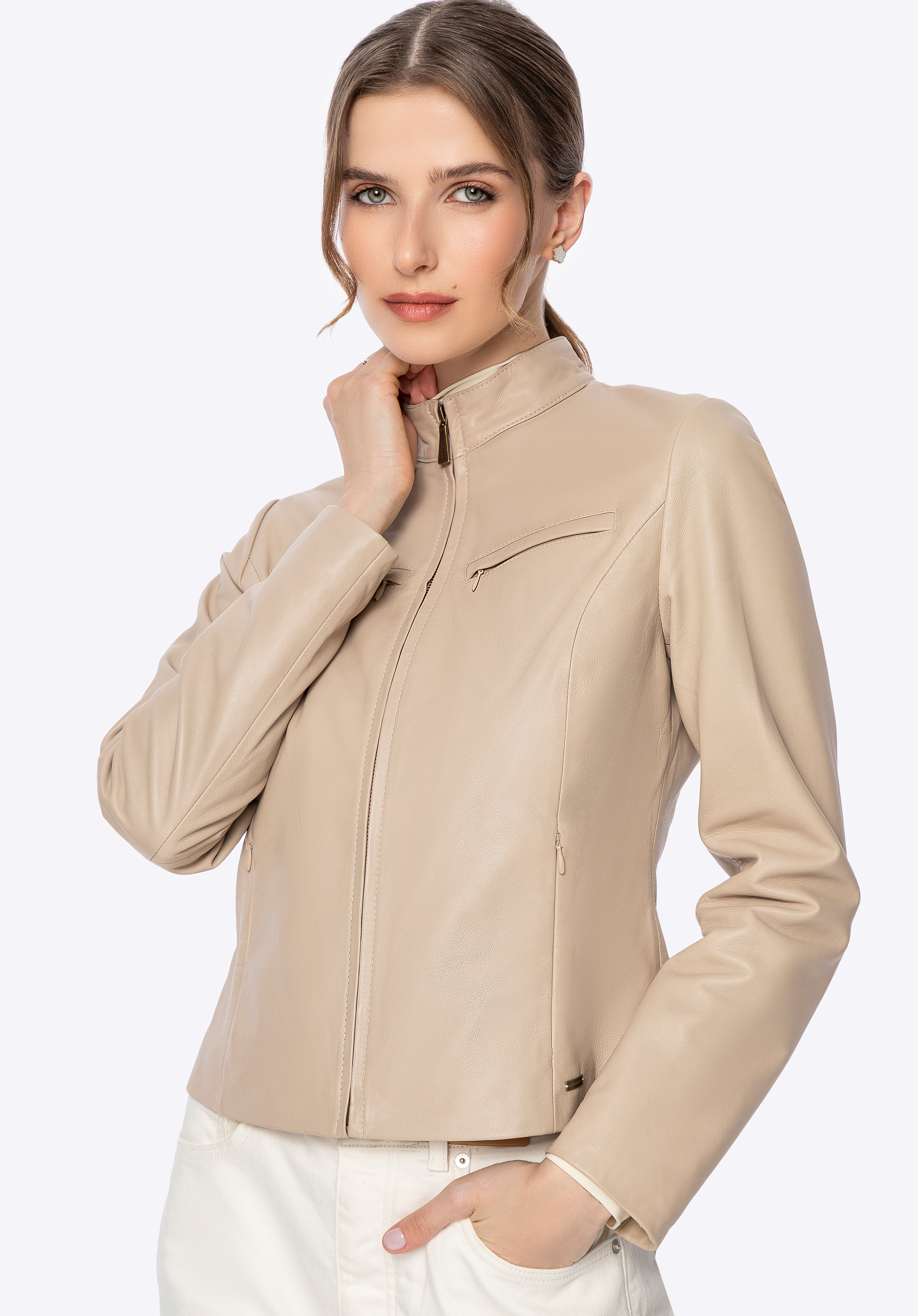 Damen-Rennjacke aus Leder, Creme, 100-09-801-0-S, Bild 1