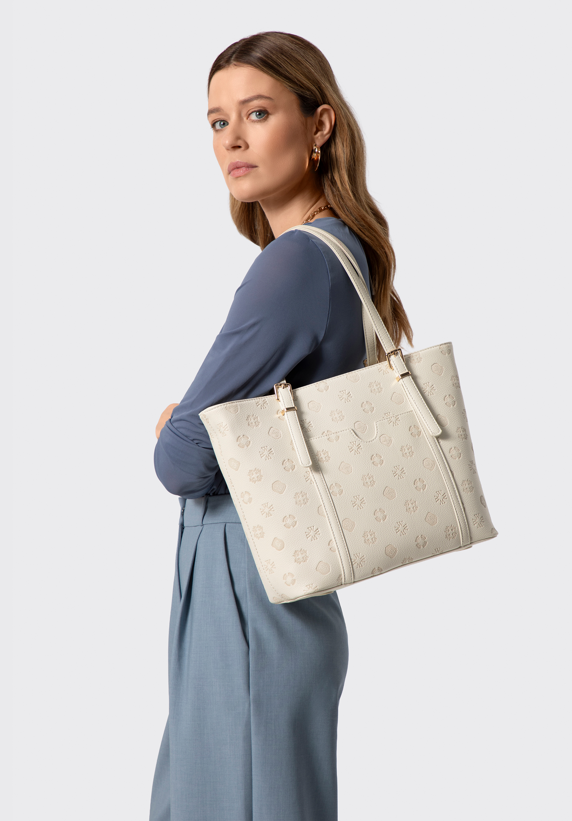 Damen-Shopper aus Kunstleder mit Prägung, Creme, 101-4Y-P05-0, Bild 1