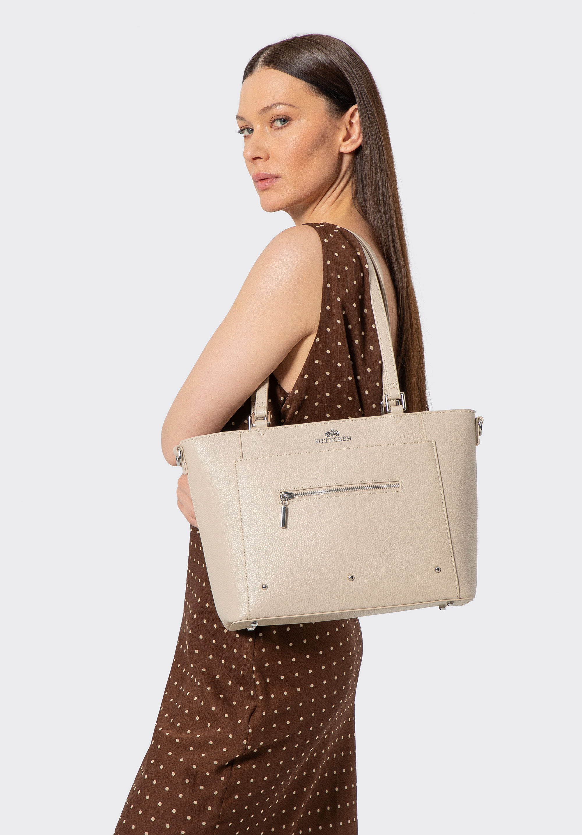 Damen-Shoppertasche aus Leder mit Taschen, Creme, 100-4E-607-9S, Bild 1