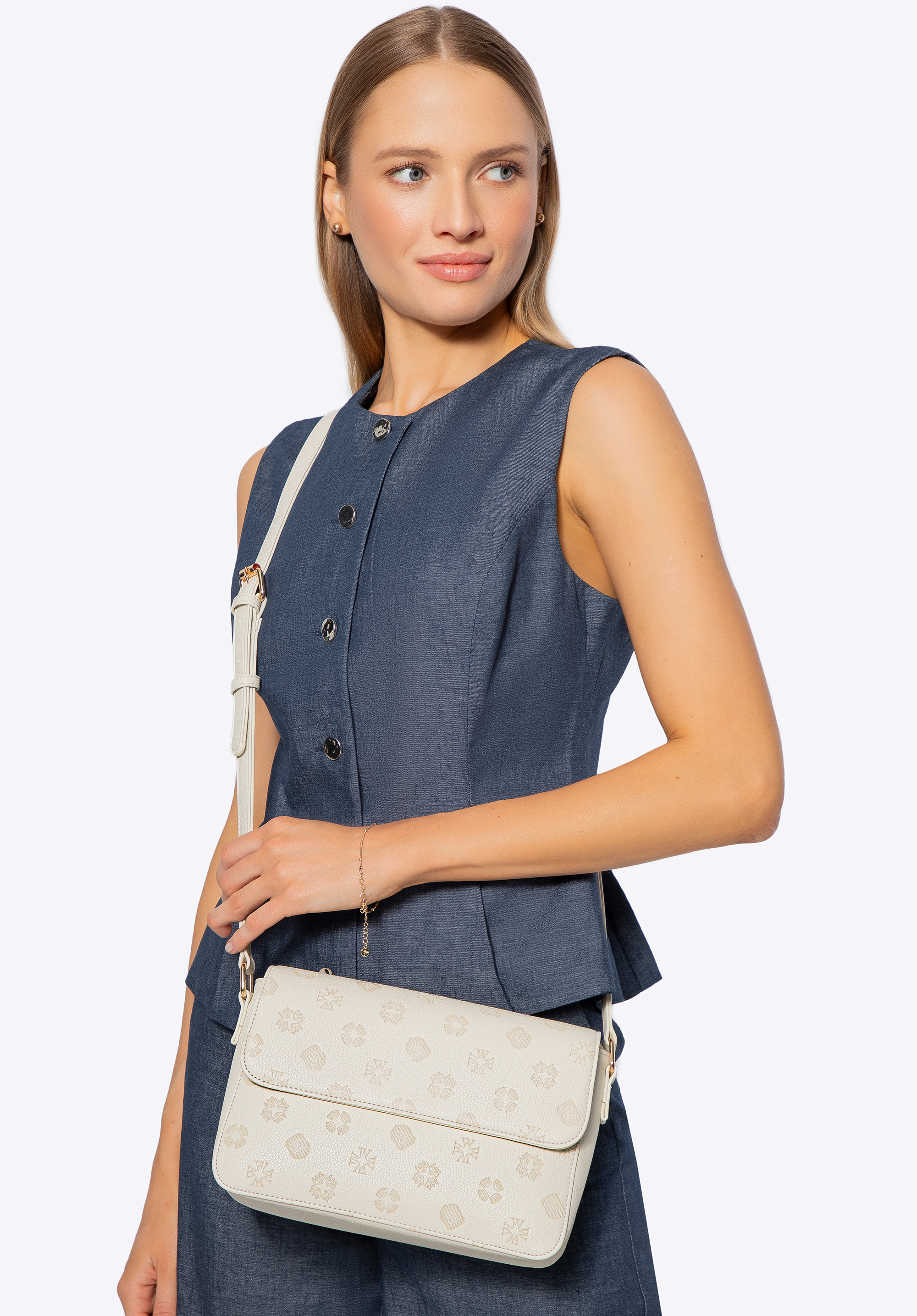 Damen-Umhängetasche aus Kunstleder mit geprägter Signatur, Creme, 101-4Y-P06-0, Bild 1