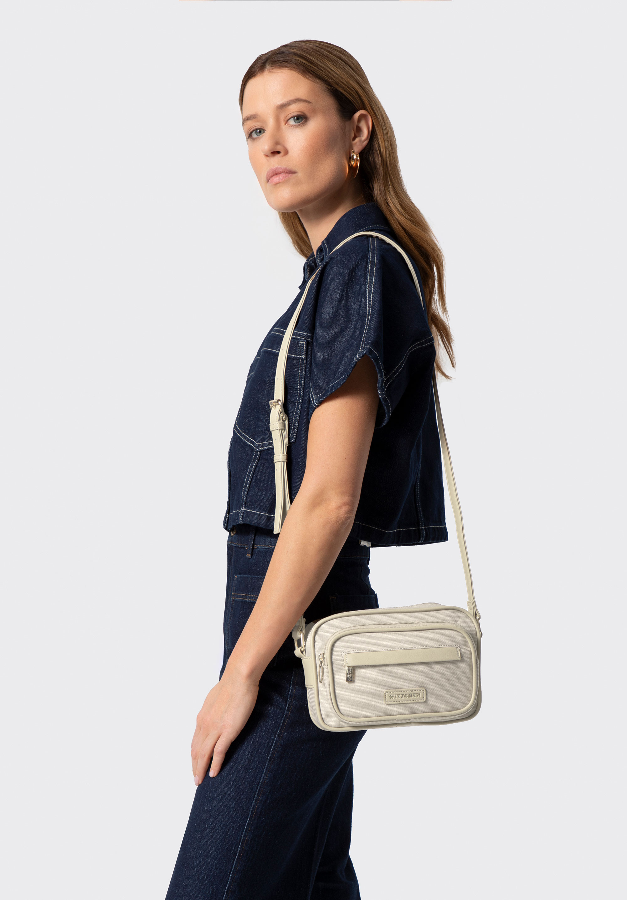 Damen-Umhängetasche mit Details aus Kunstleder, Creme, 102-4Y-402-0, Bild 1