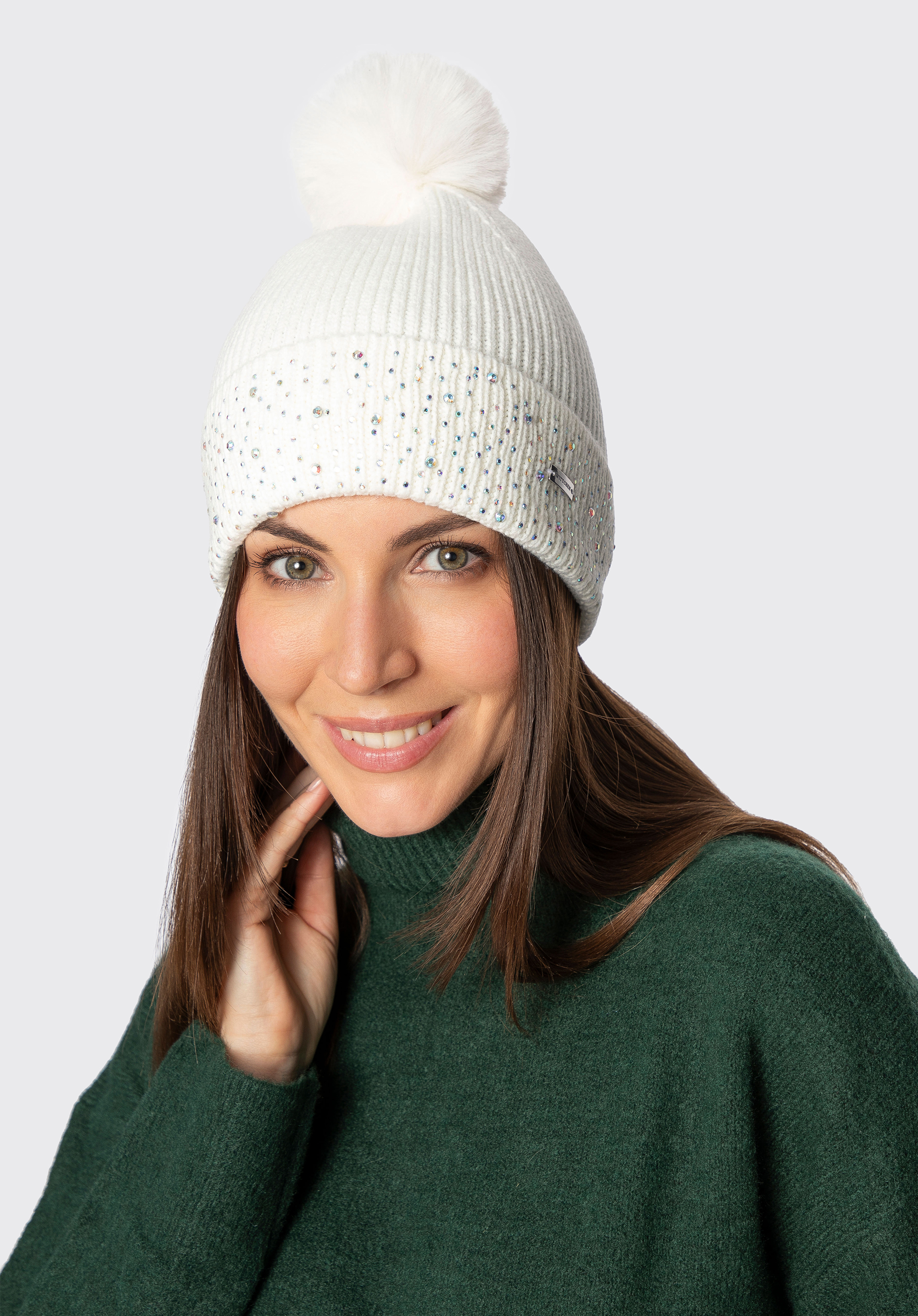 Damen Wintermütze mit Strassperlen, Creme, 101-HF-204-0, Bild 1