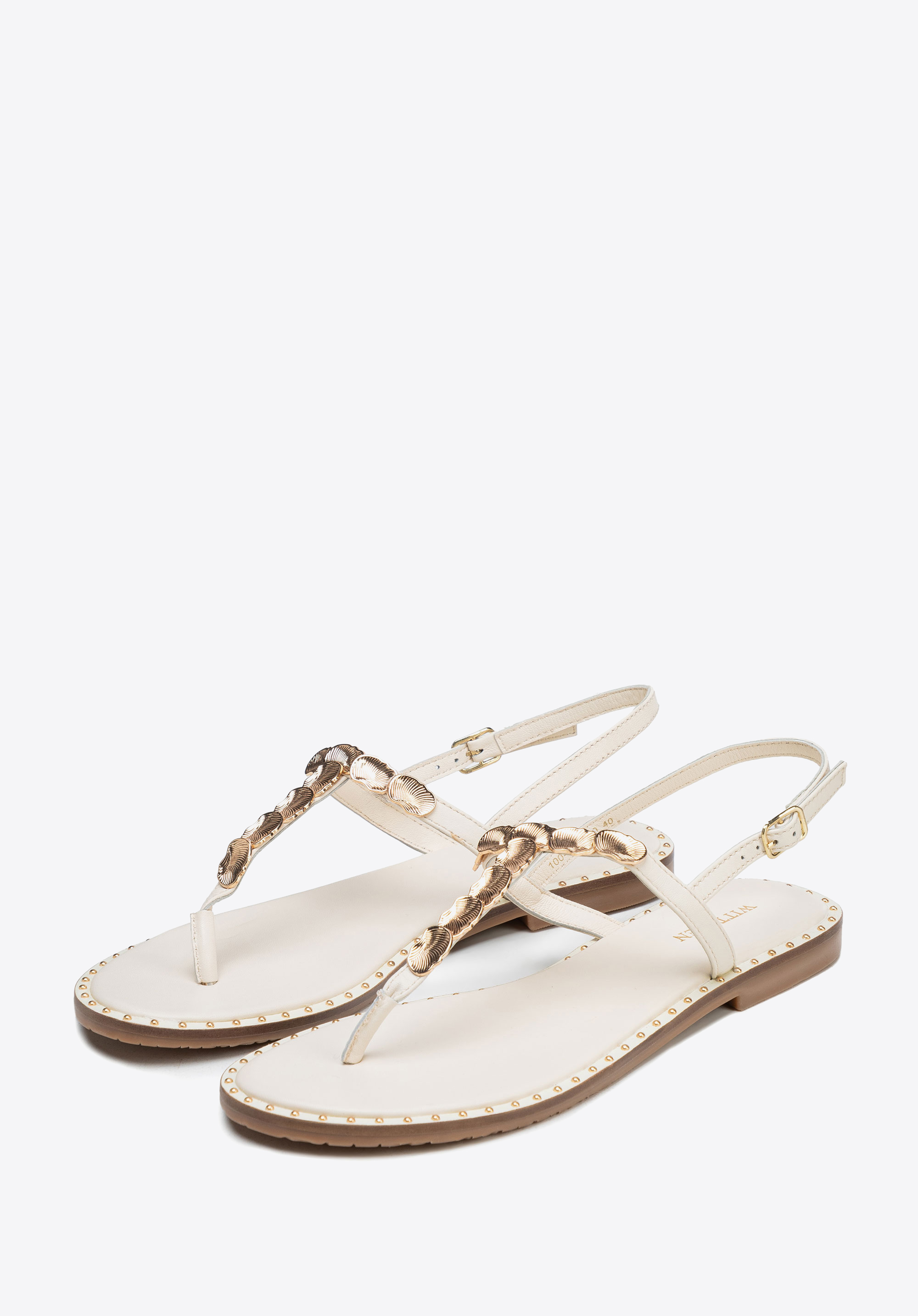 Damen-Zehenstegsandalen aus Leder mit Verzierungen, Creme, 100-D-703-0-41, Bild 1